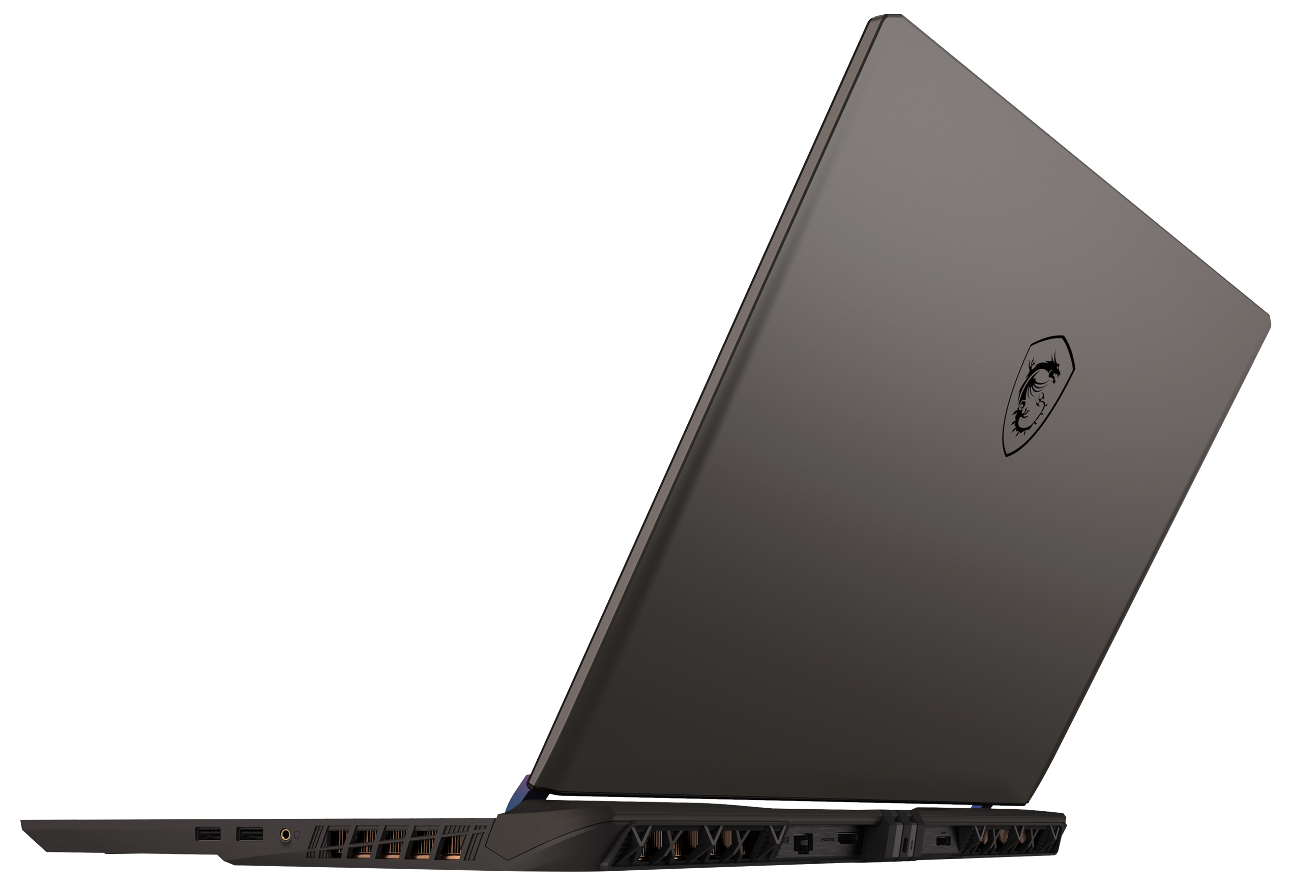 Schwarzer Laptop, geöffnet, zeigt einen beleuchteten Bildschirm mit Drachenlogo.