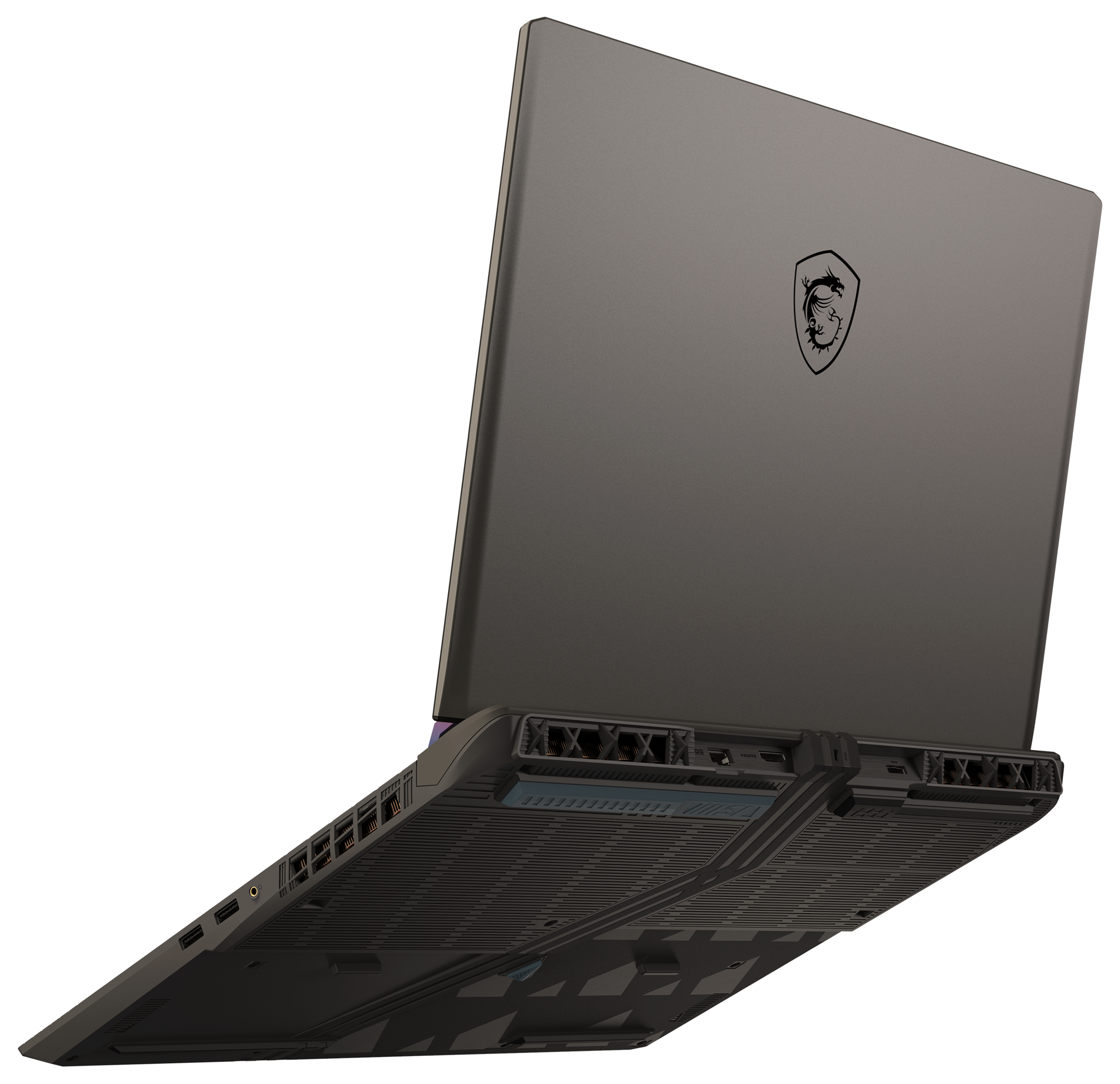 Dunkelgrauer Laptop aus einem Winkel, zeigt die Rückseite mit dem MSI-Logo.