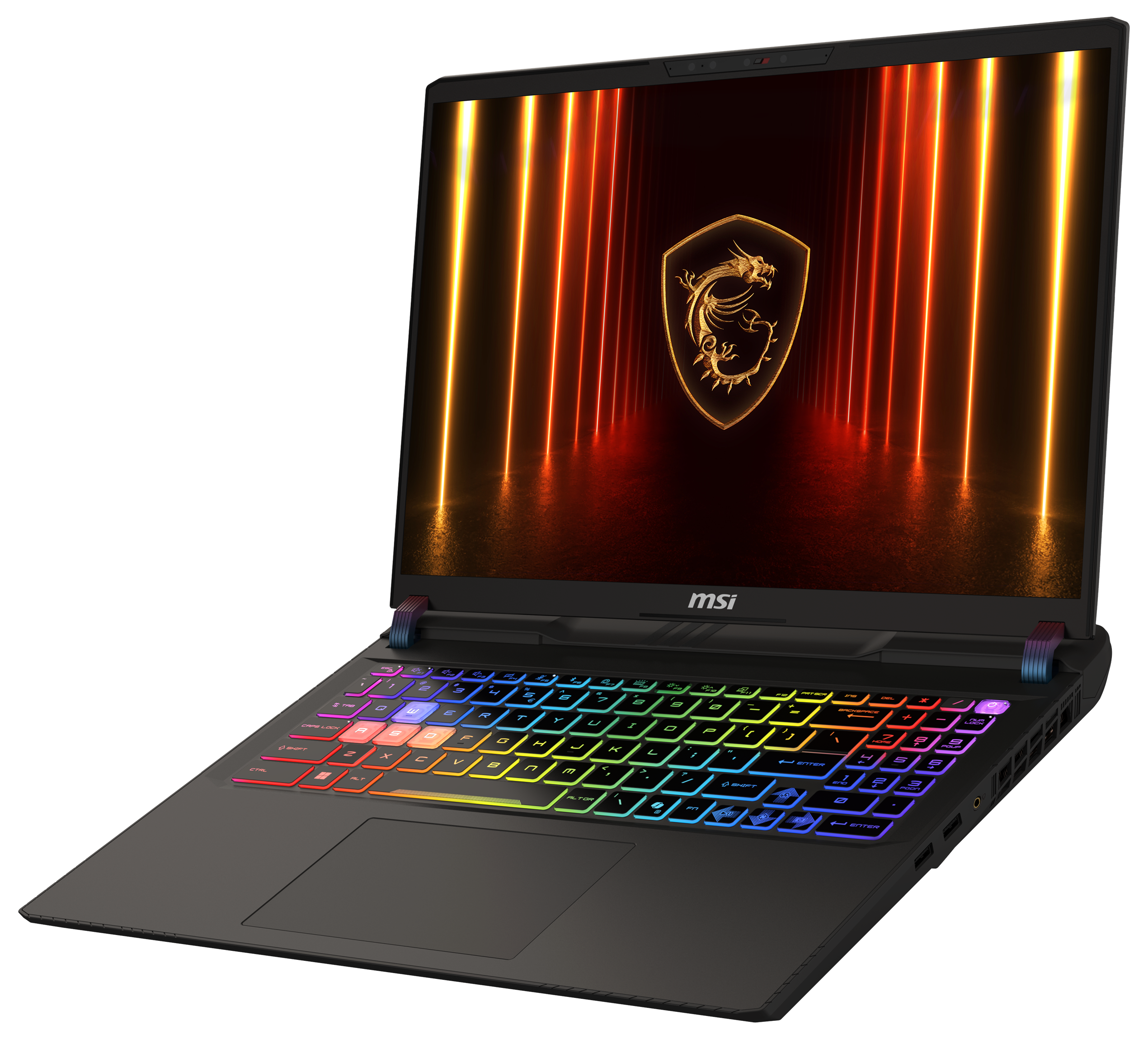 Schwarzer Gaming-Laptop mit farbiger Tastaturbeleuchtung, Bildschirm mit Feuerdesign, MSI-Logo, schwarzer Hintergrund.