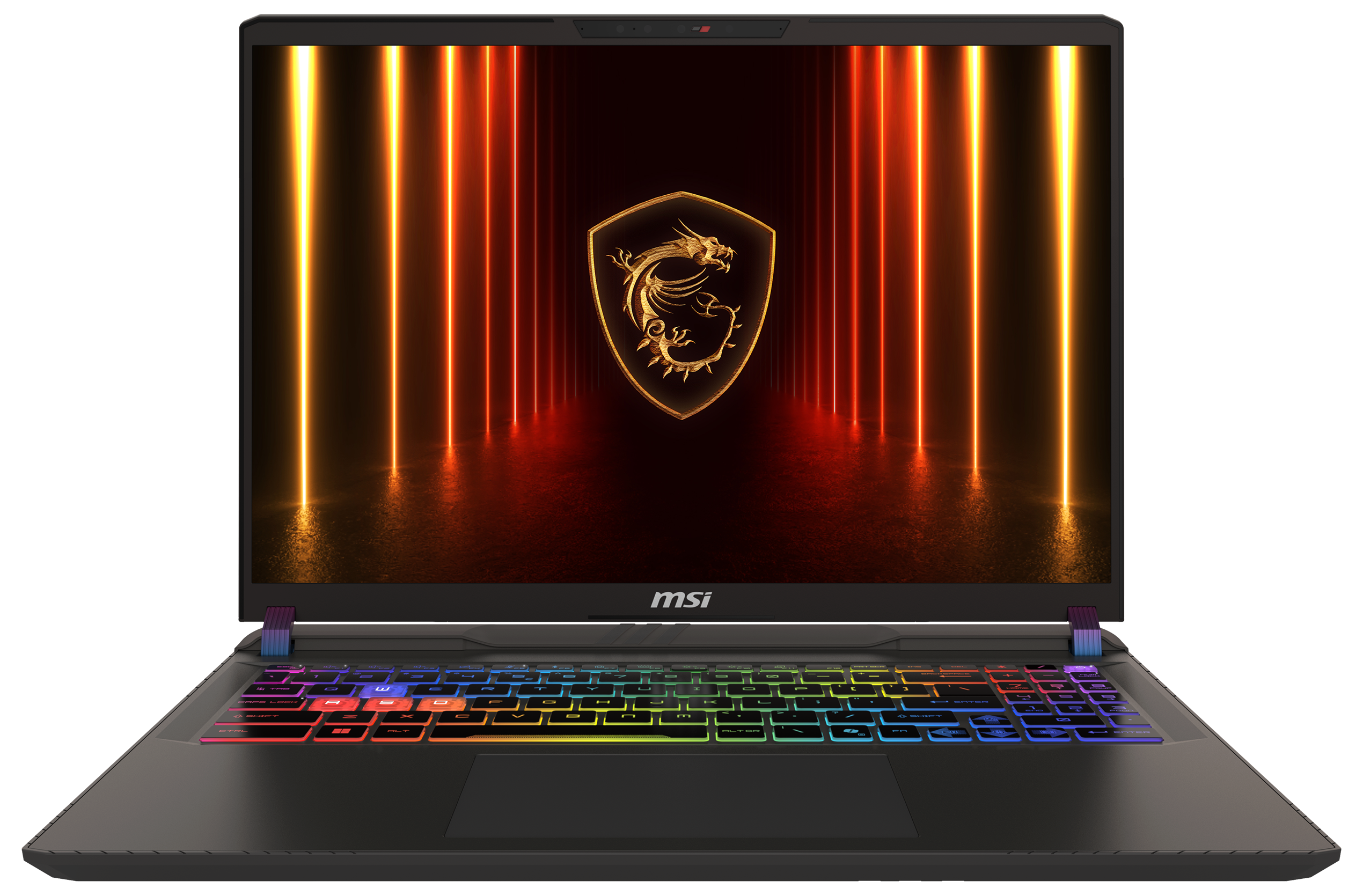 Laptop mit bunter Tastatur und MSI-Logo auf dem Bildschirm.