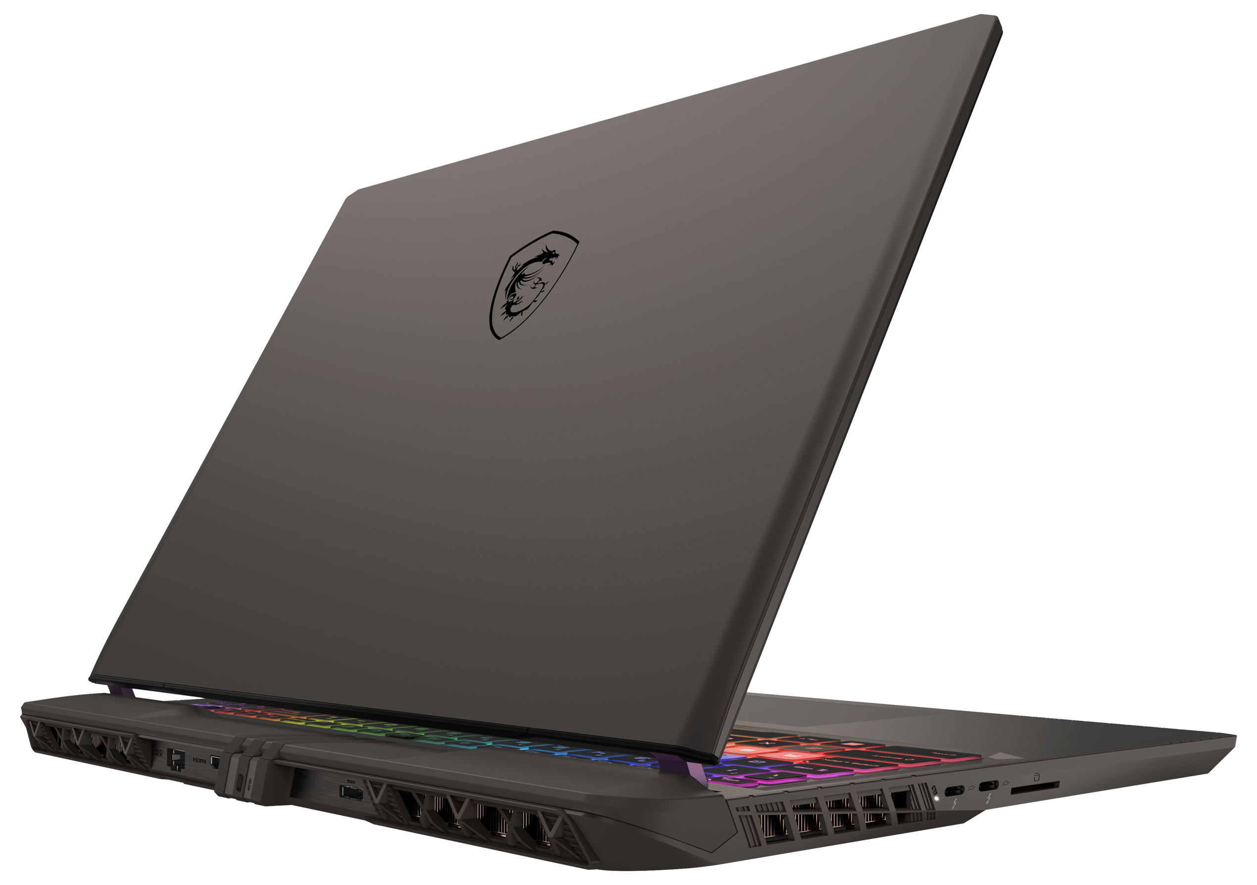 Schwarzer Gaming-Laptop, verschiedene Seitenansichten. Anschlüsse und Lüfter.