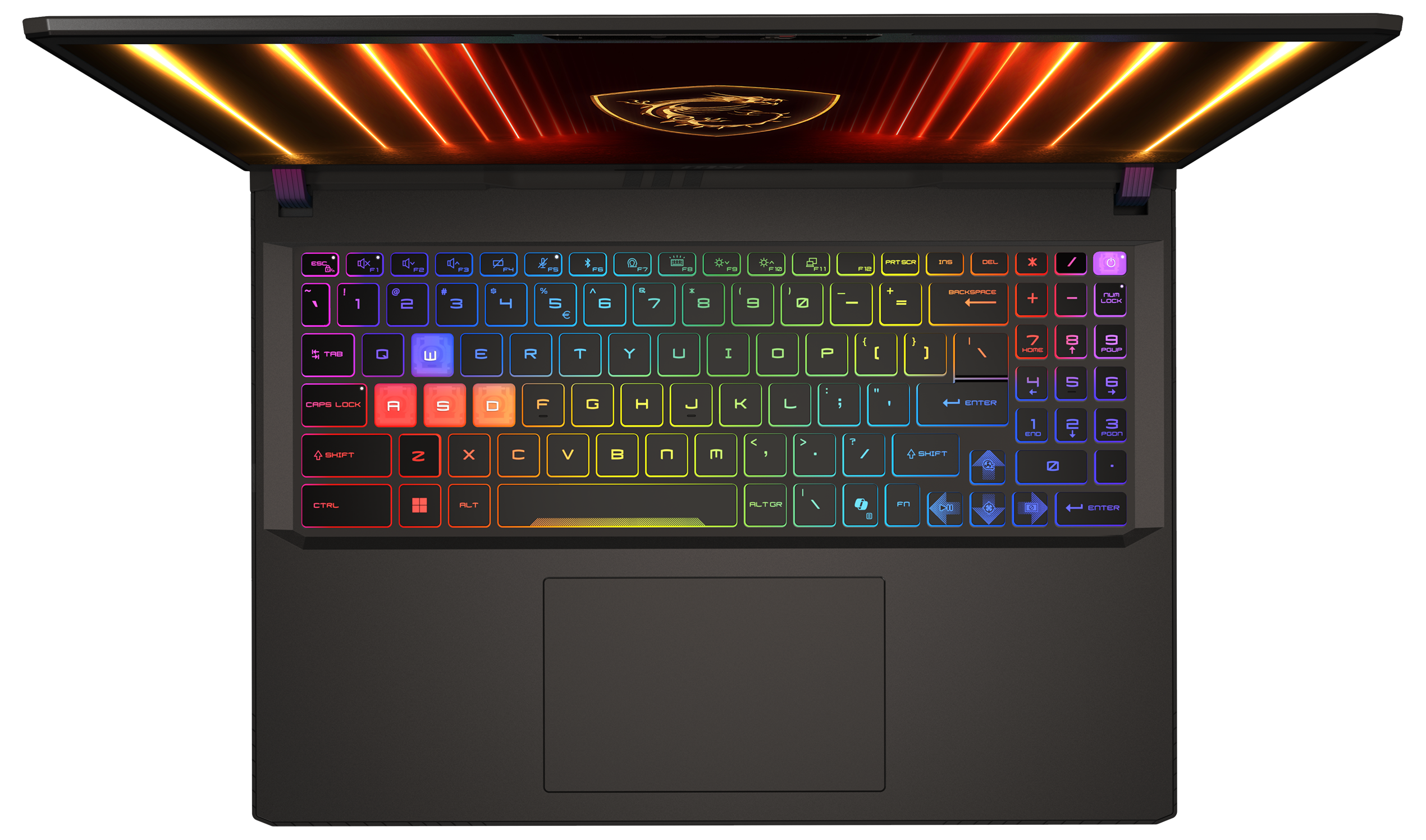 Draufsicht auf einen schwarzen Laptop mit beleuchteter, mehrfarbiger Tastatur.