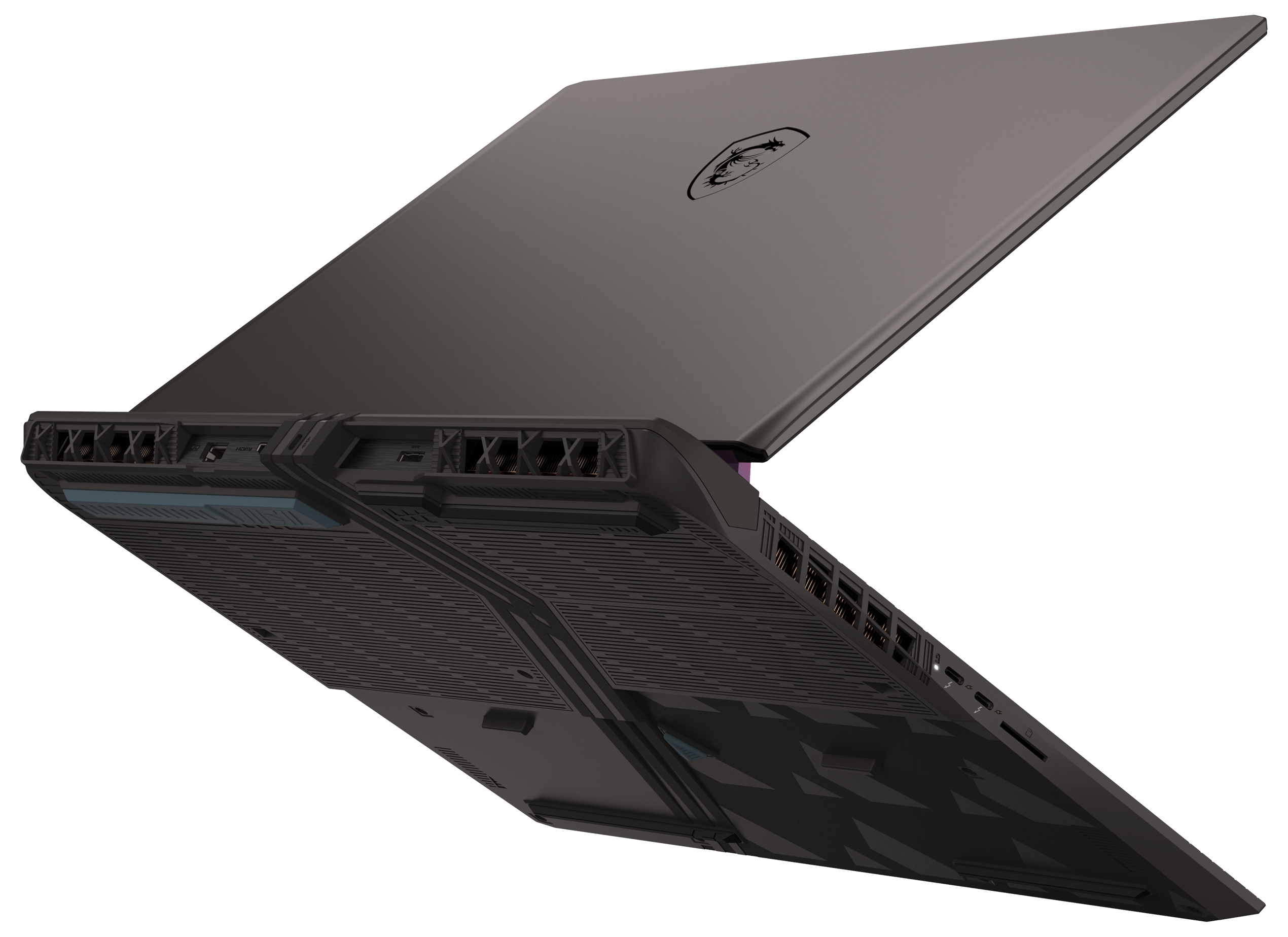 Ein schwarzer MSI-Laptop mit sichtbarer Unterseite. Der Laptop hat eine gemusterte Oberfläche mit verschiedenen Anschlüssen.