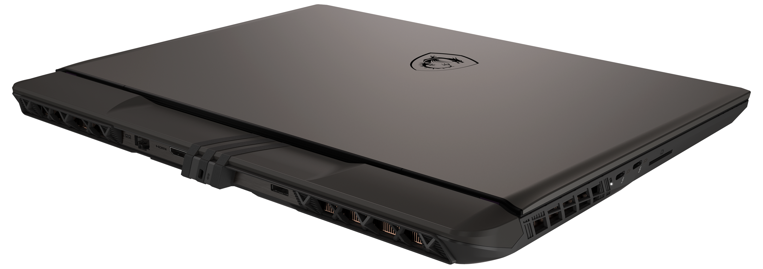 Geschlossener schwarzer MSI-Laptop. Auf der Oberseite befindet sich das MSI-Logo.