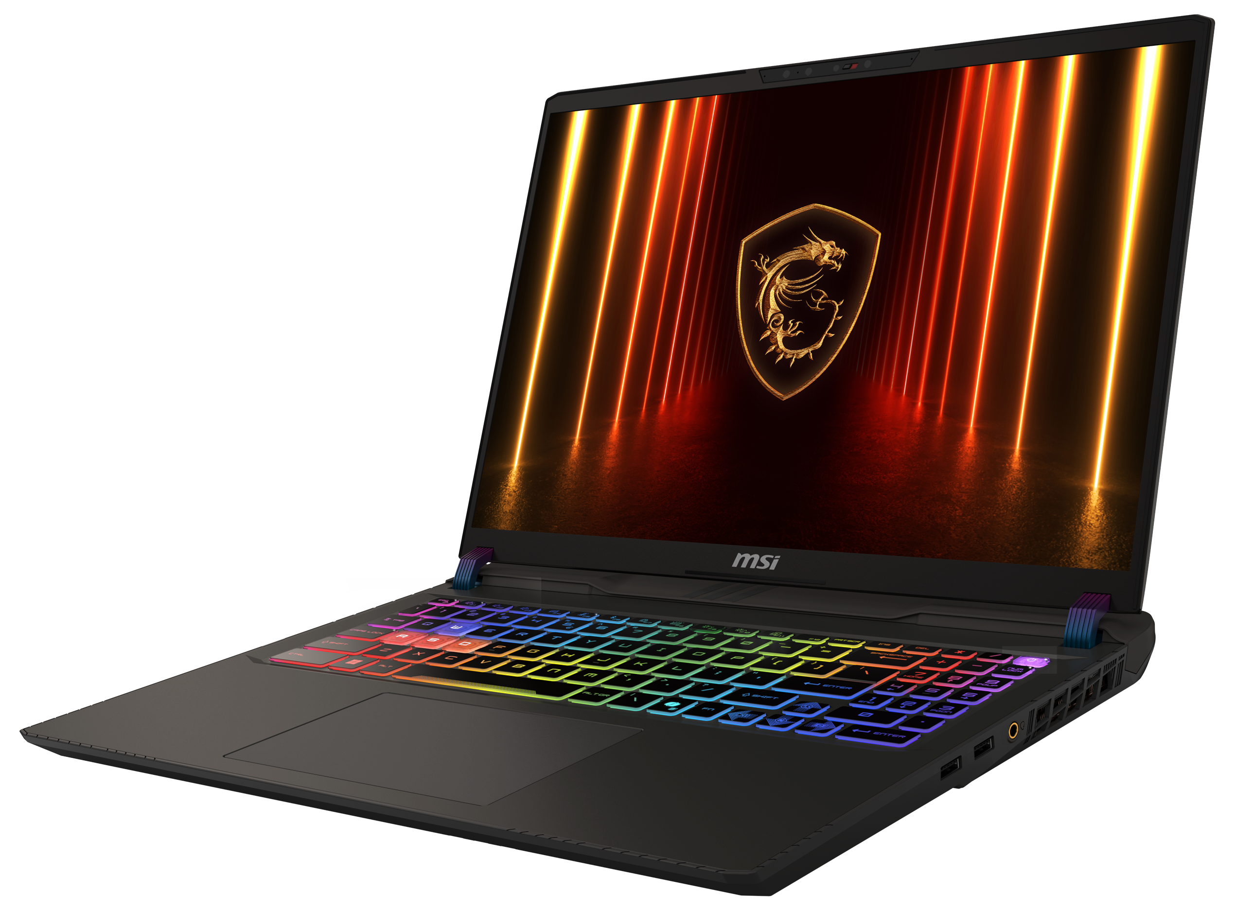 Ein schwarzer MSI-Laptop mit farbenfroher Tastatur und Schildlogo auf dunklem Hintergrund.