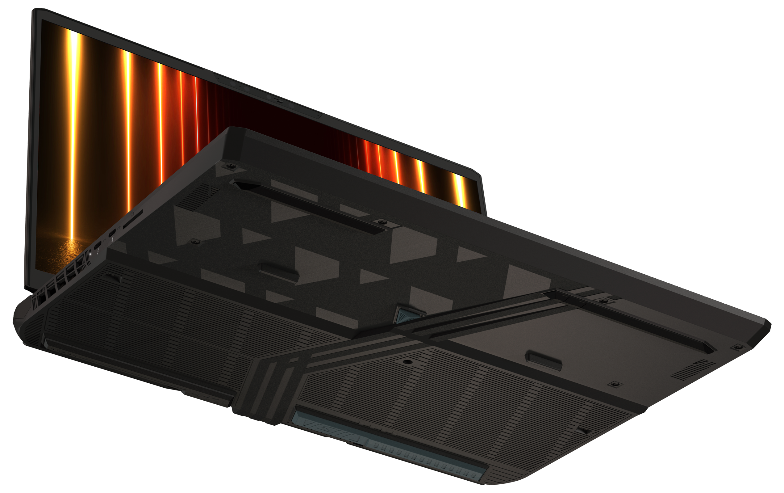 Laptop-Basis, von unten betrachtet, mit Lüftungsschlitzen und Designelementen. Orange und Rot.