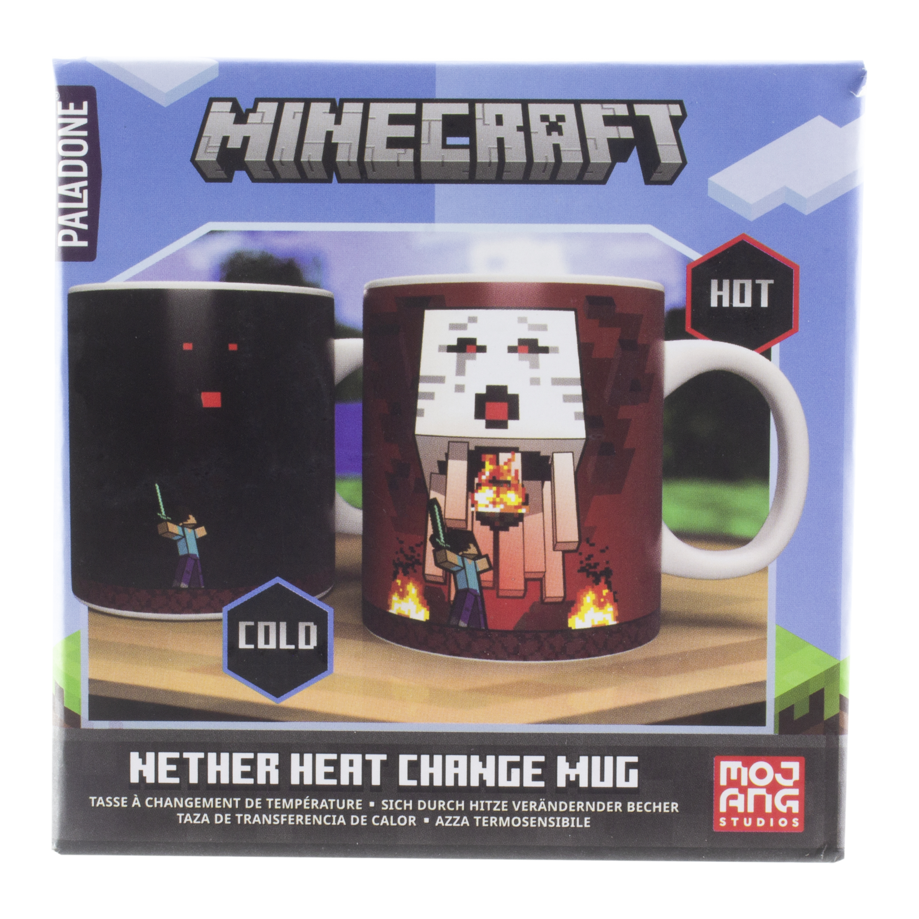 Minecraft-Tasse mit Farbwechsel und zwei Bildern.