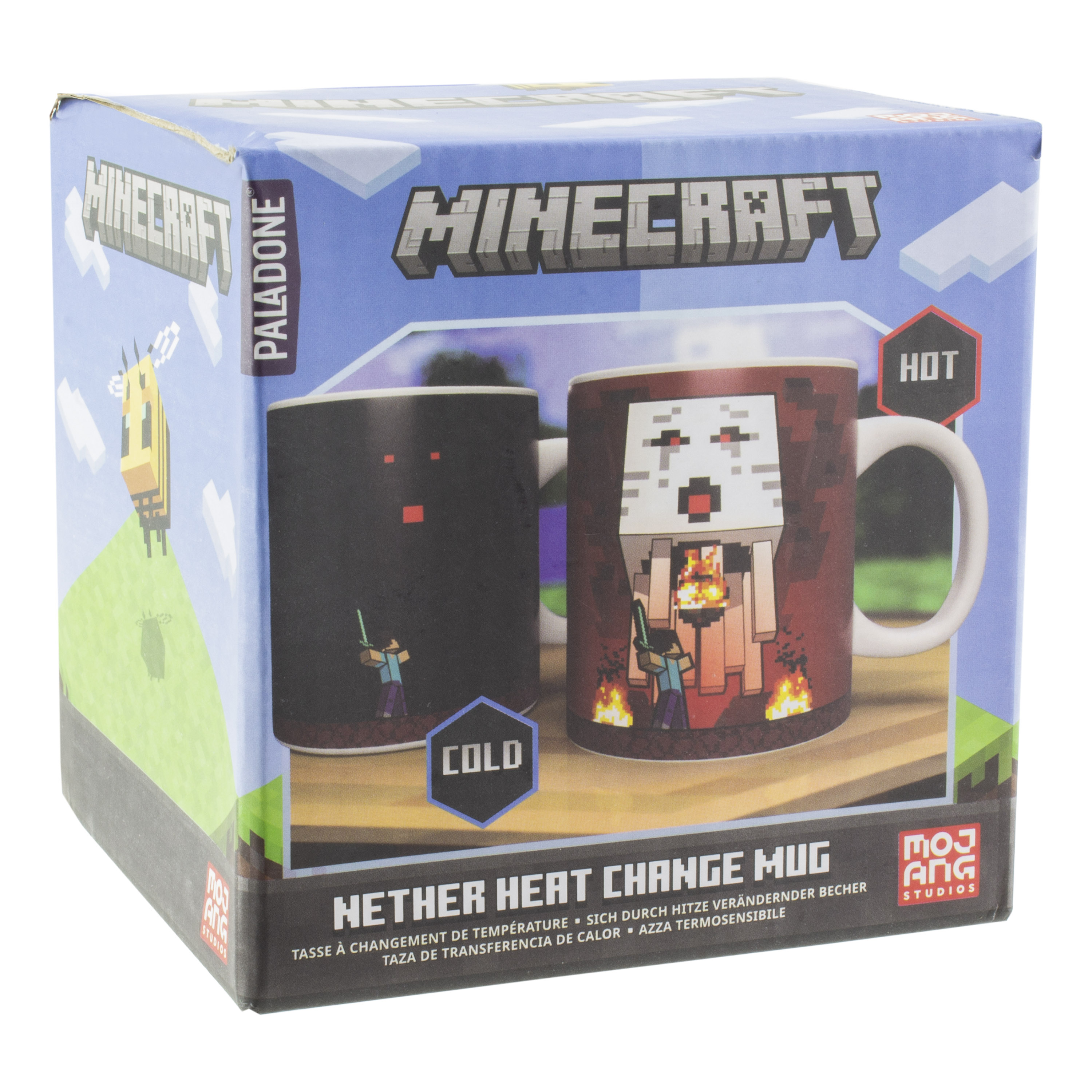 Minecraft-Tasse in einer Box. Zeigt ein farbwechselndes Design, mit Kalt- und Heißanzeigen.