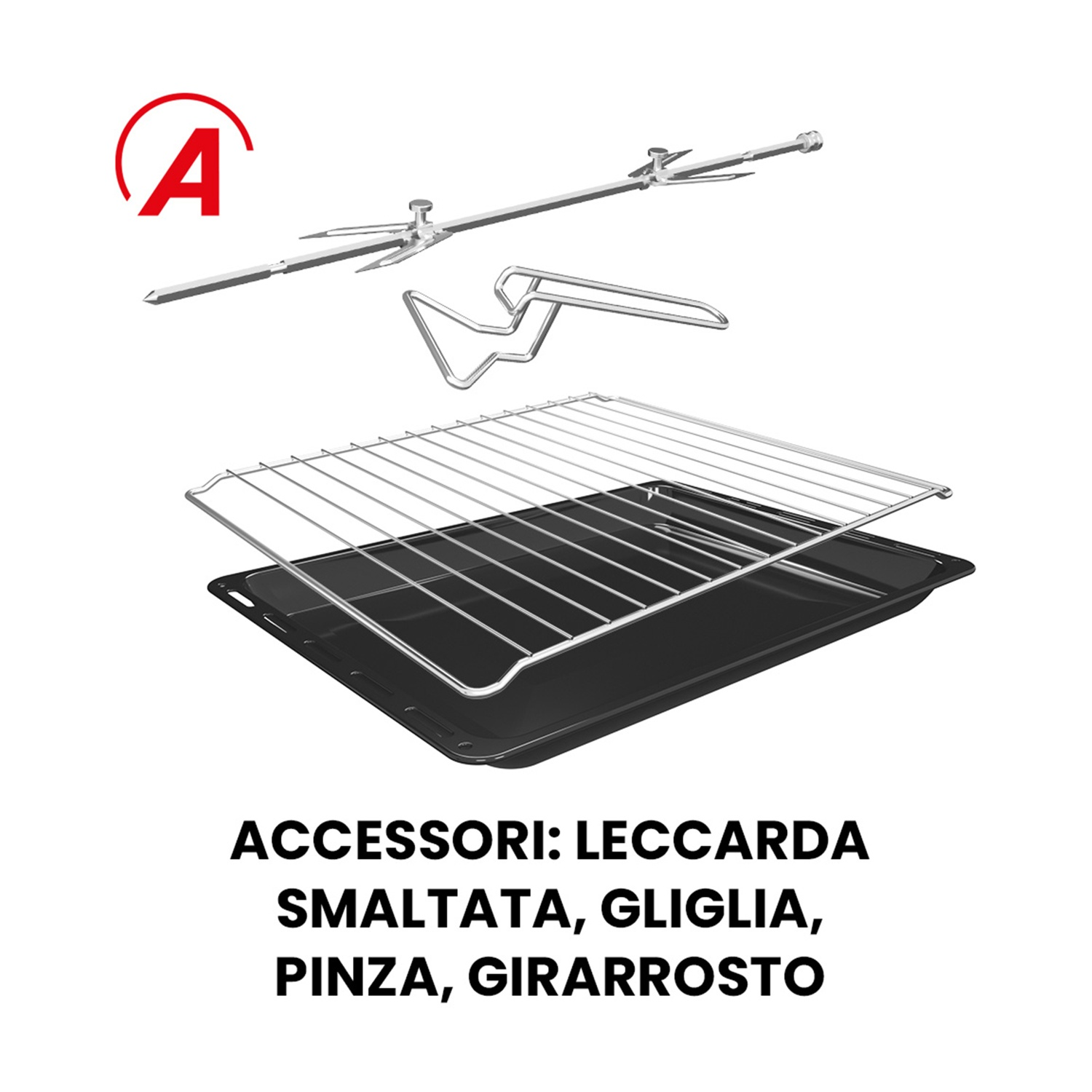 Set di accessori per forno, tra cui teglia, griglia, girarrosto e pinza.