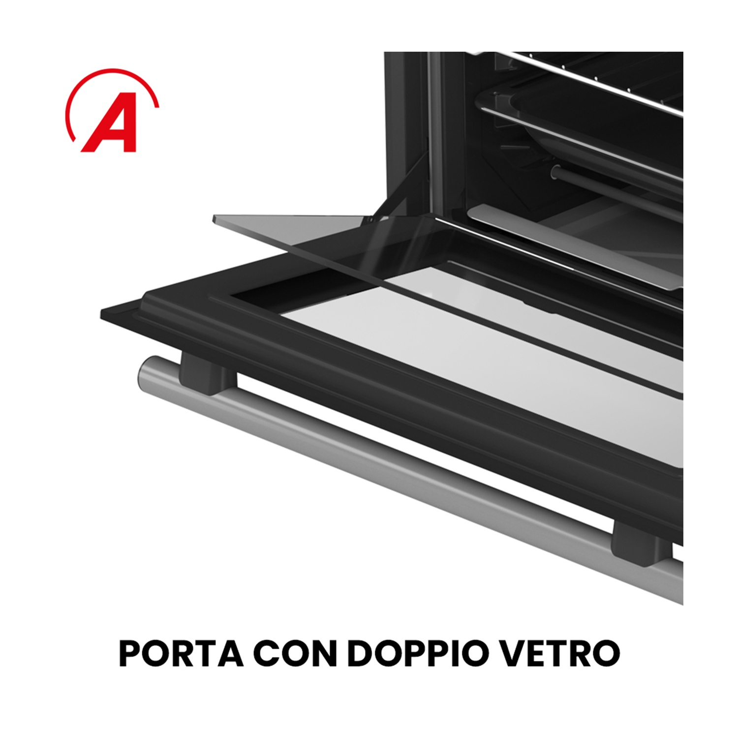 Primo piano di una porta del forno con doppio vetro. Maniglia e telaio sono visibili con un simbolo 'A'.