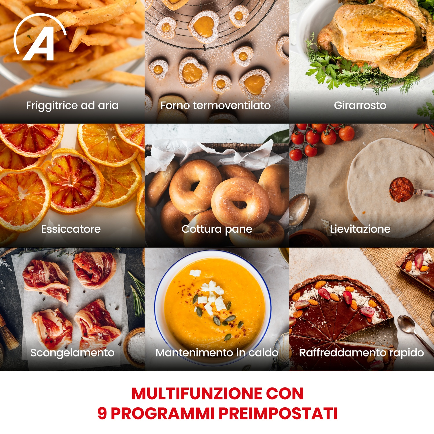 Collage di immagini che mostrano diversi metodi di cottura e piatti con etichette di testo.