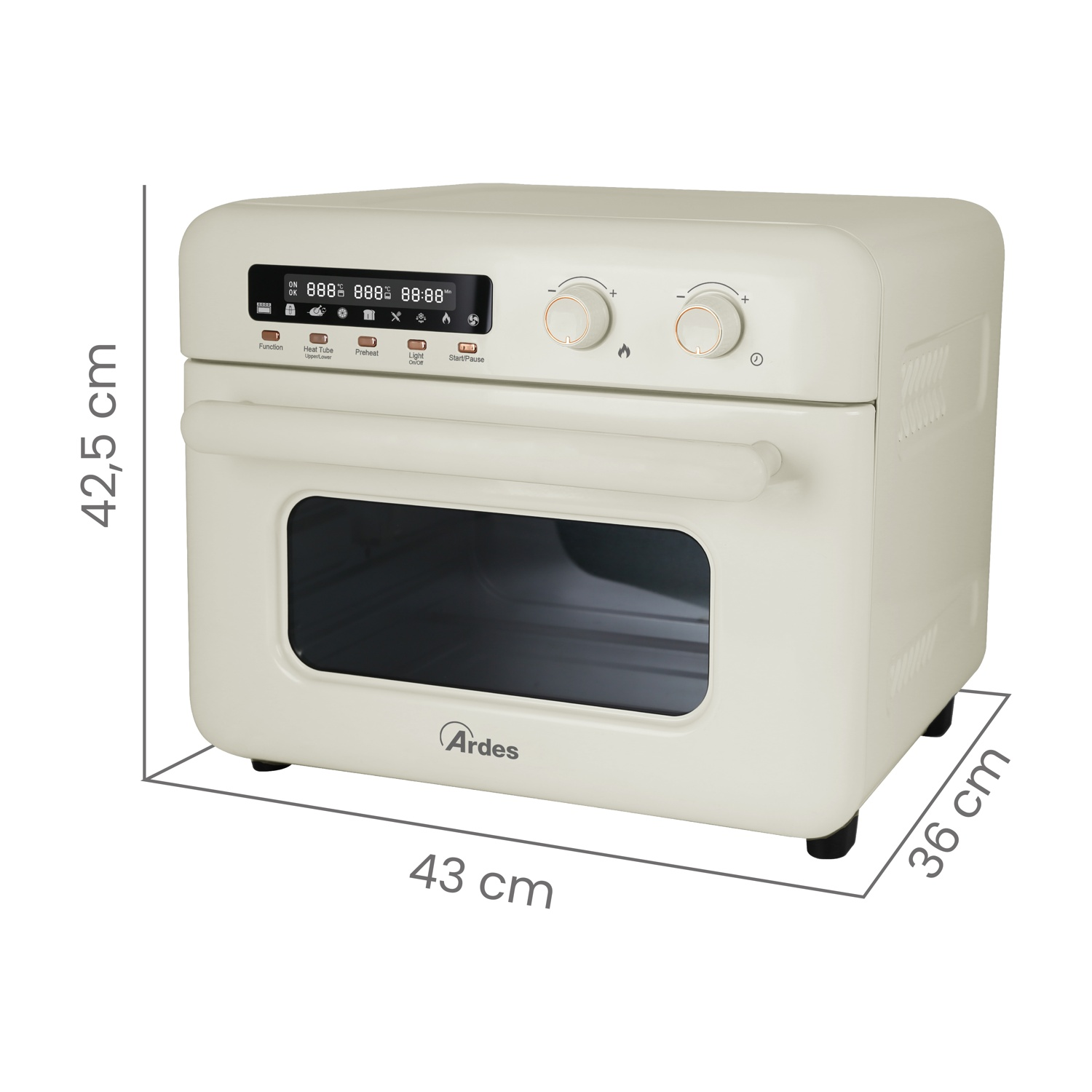 Forno bianco con dimensioni etichettate. Display digitale, manopole e maniglia. Sfondo bianco.