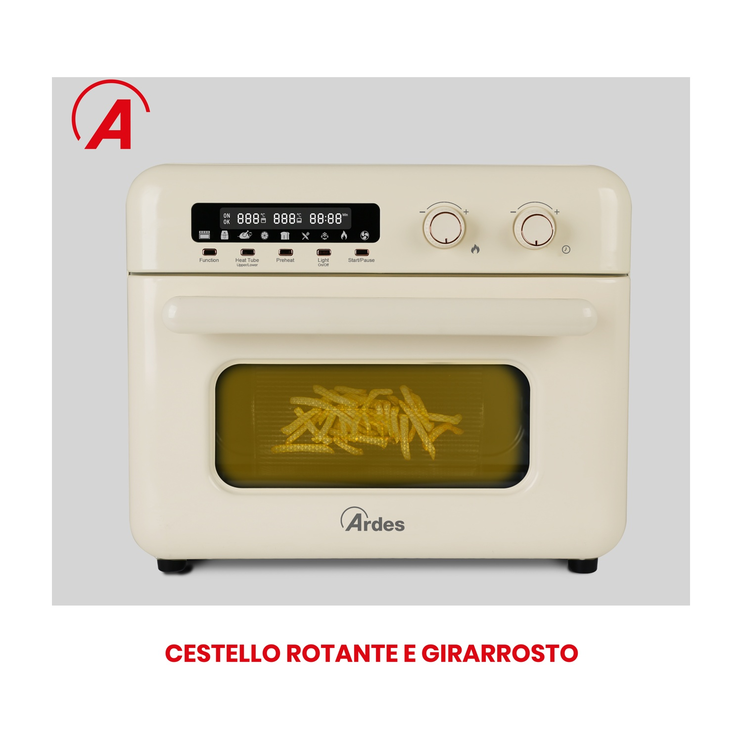 Forno con patatine fritte all'interno, sfondo bianco.