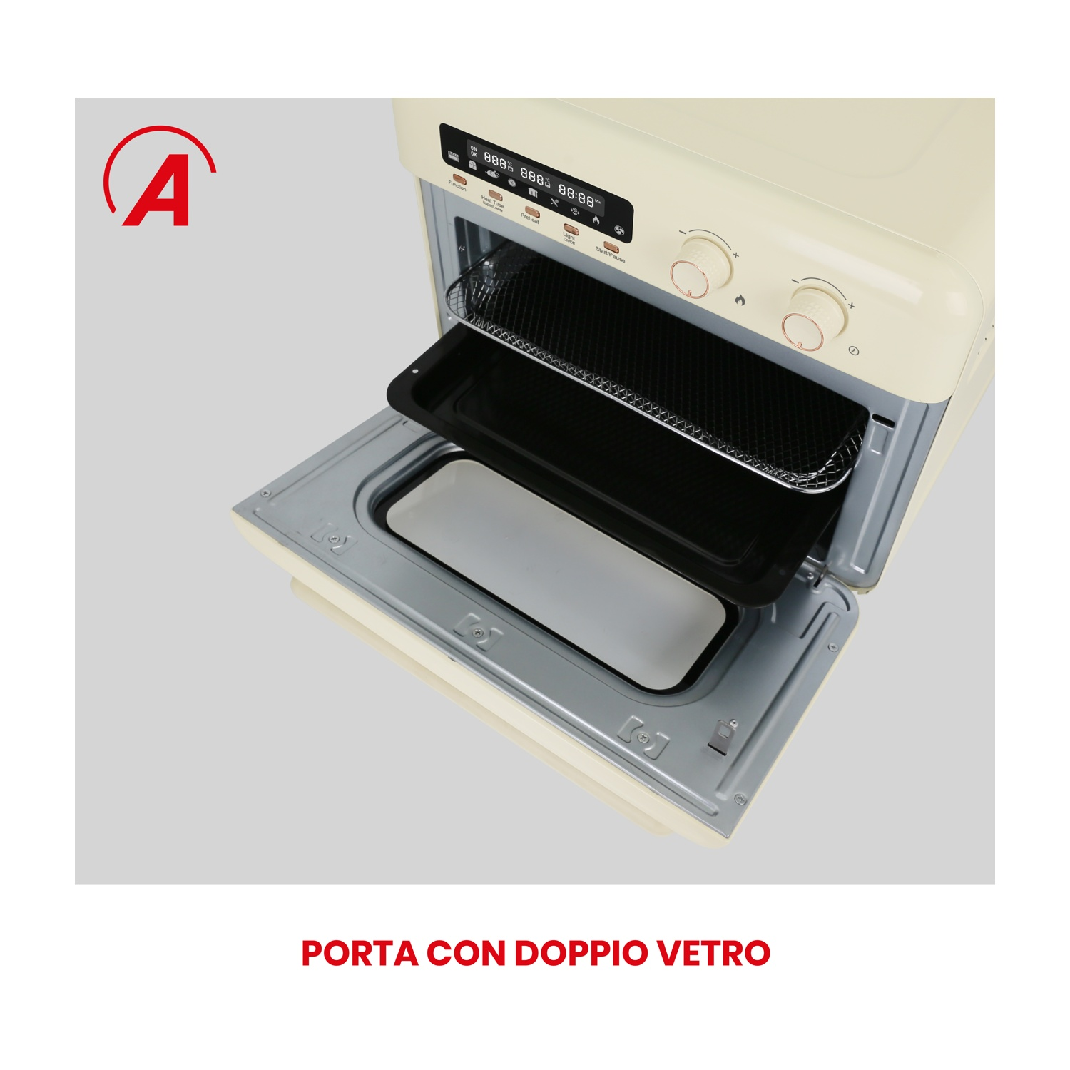 Friggitrice ad aria con la porta aperta. L'interno mostra un cestello nero e un vassoio bianco.