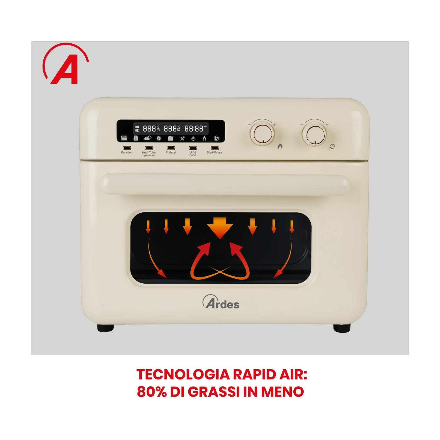Forno da banco color crema con display digitale e manopole. All'interno sono presenti frecce che mostrano il flusso di calore.