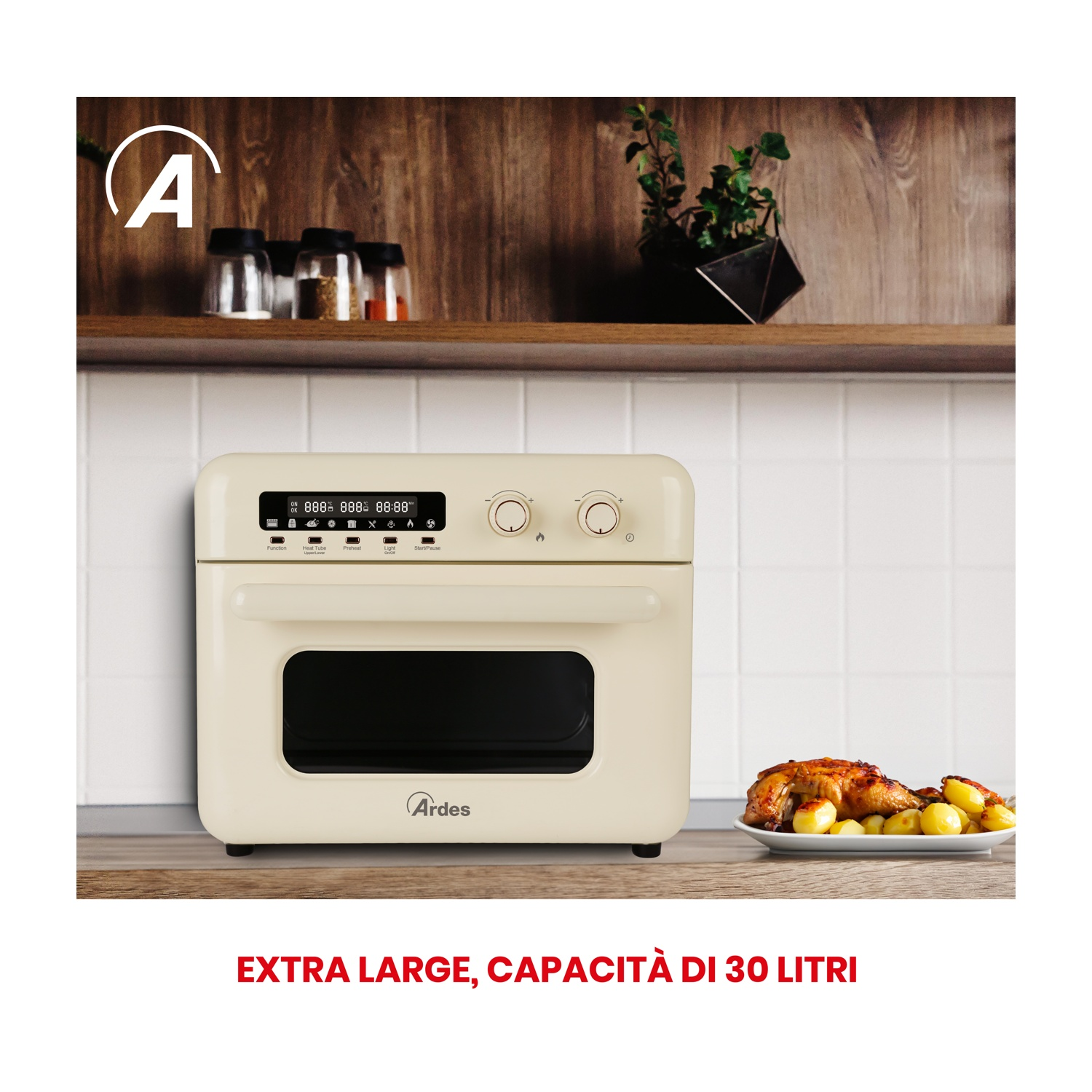 Un forno beige con display digitale. Davanti un piatto con cibo e spezie sullo scaffale.