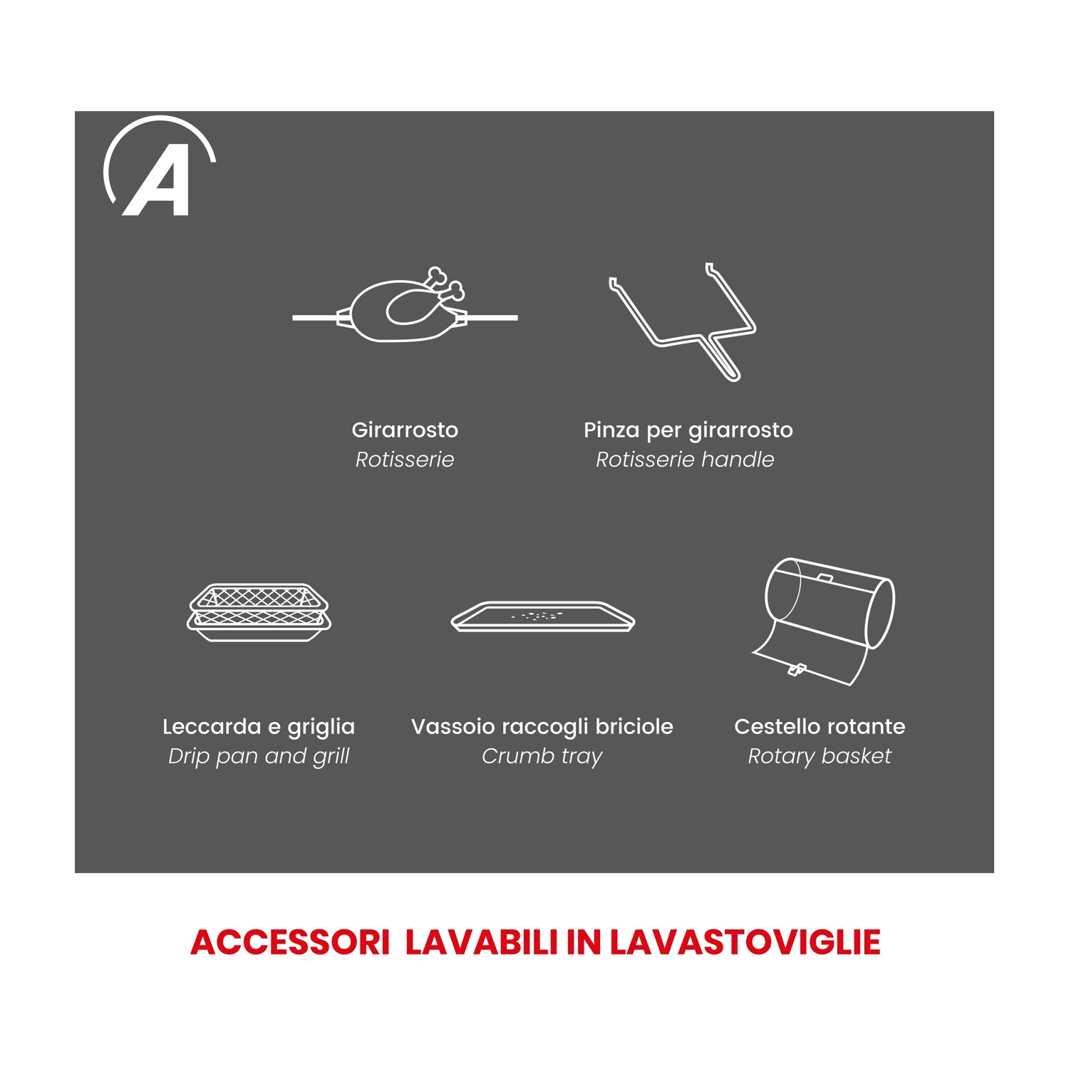 Un'illustrazione che mostra gli accessori di un elettrodomestico da cucina: girarrosto, manico, leccarda, vassoio e cestello.