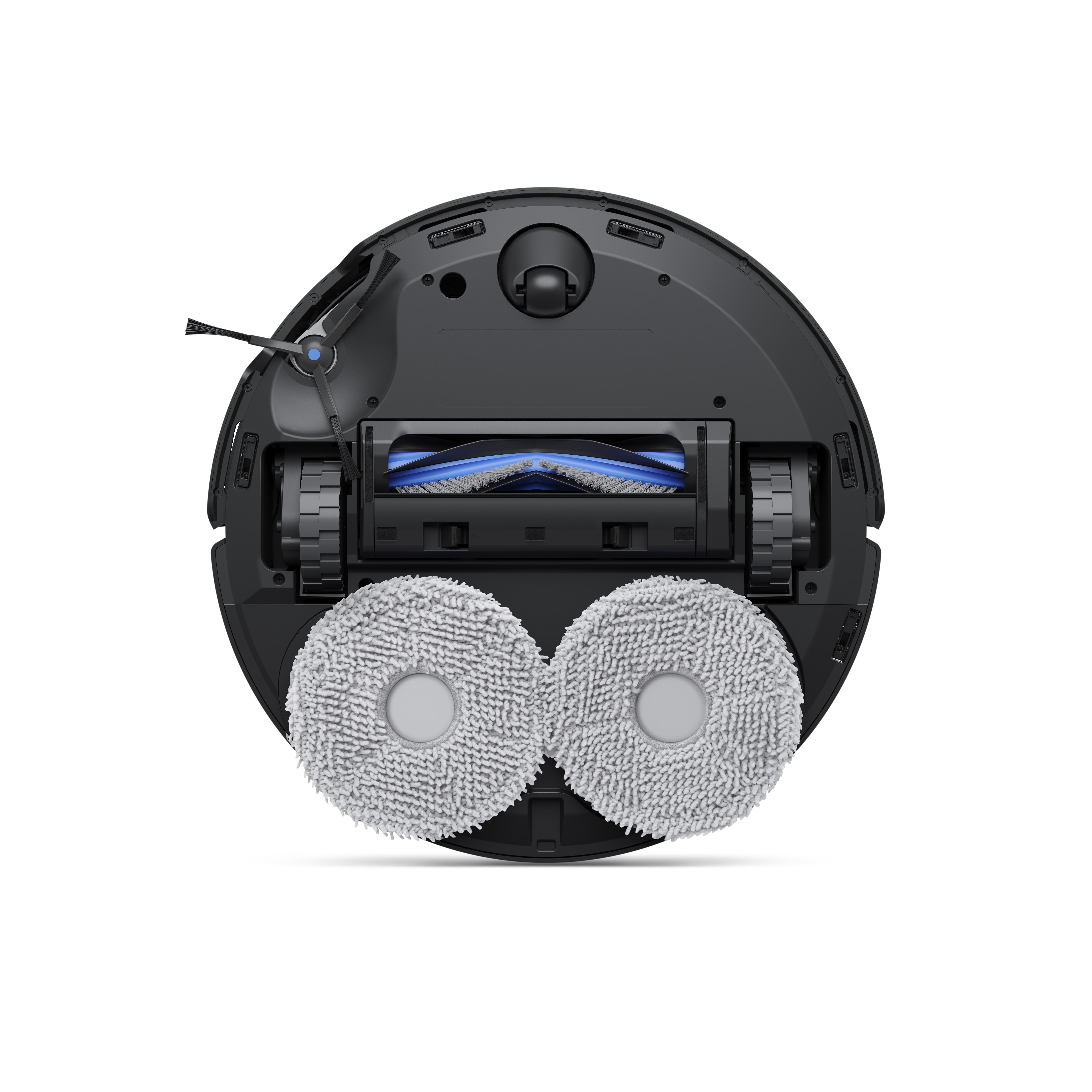 Unteransicht eines schwarzen Roboter-Staubsaugers mit zwei runden Mopps und einer rotierenden Bürste.