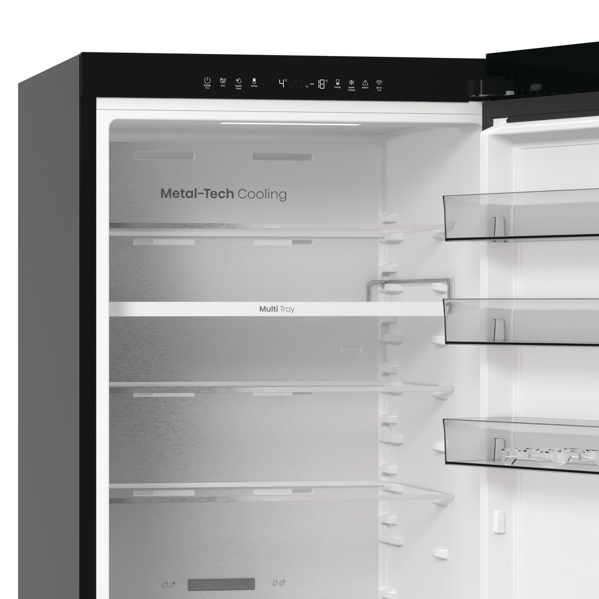 Egy nyitott hűtőszekrény. Metal-Tech Cooling, multi-tray. Részben nyitott polcokkal, fekete külső.