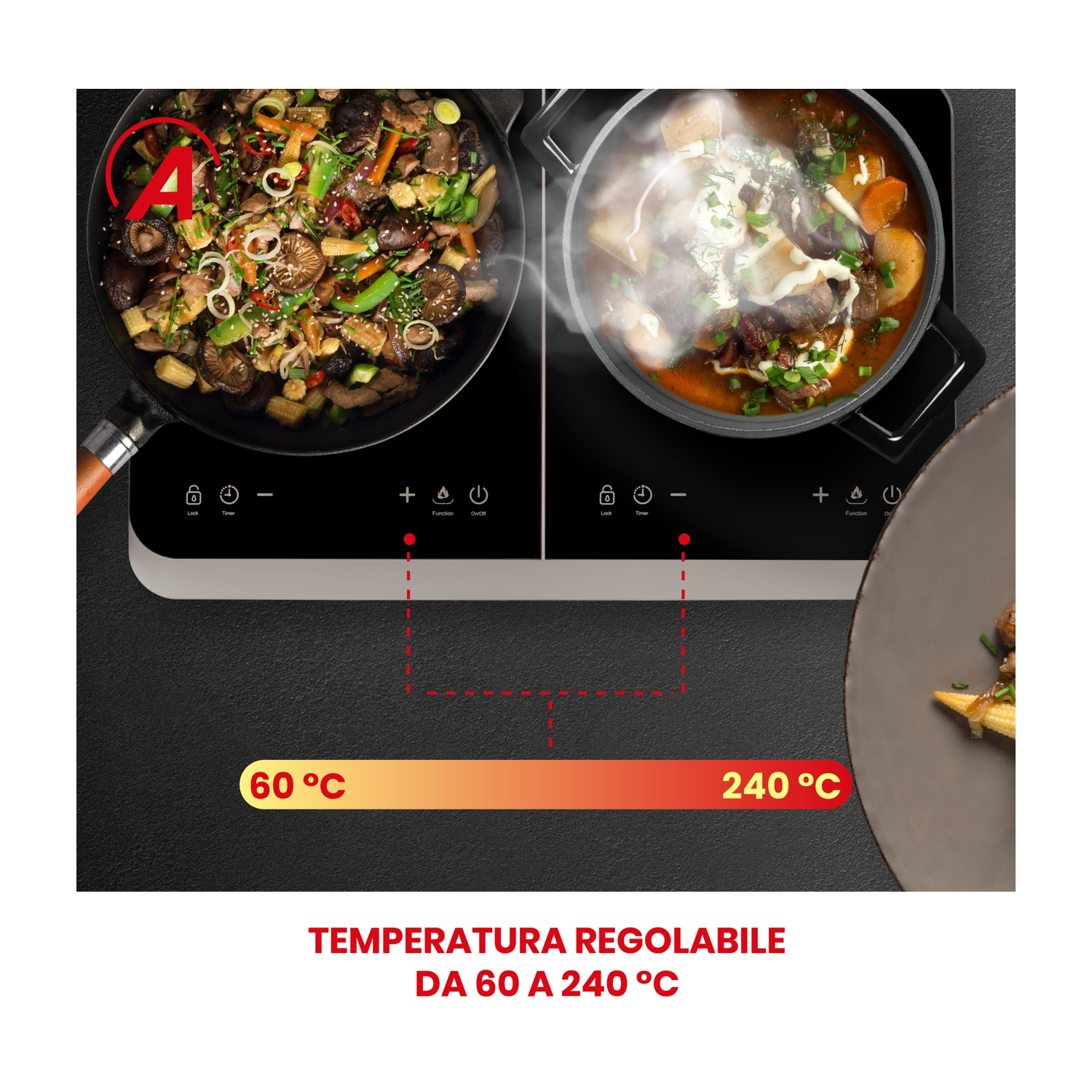 Due padelle su un fornello nero, una con cibo cotto e l'altra con liquido.