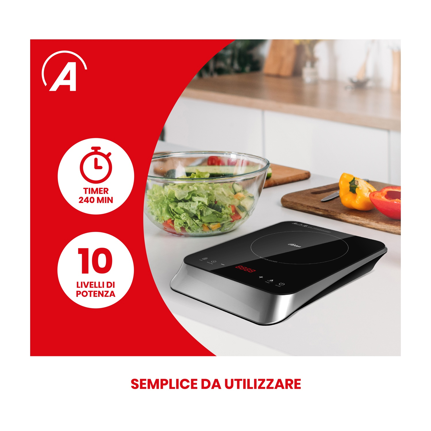 Piano cottura a induzione, con timer e livelli di potenza visualizzati. Testo in italiano.