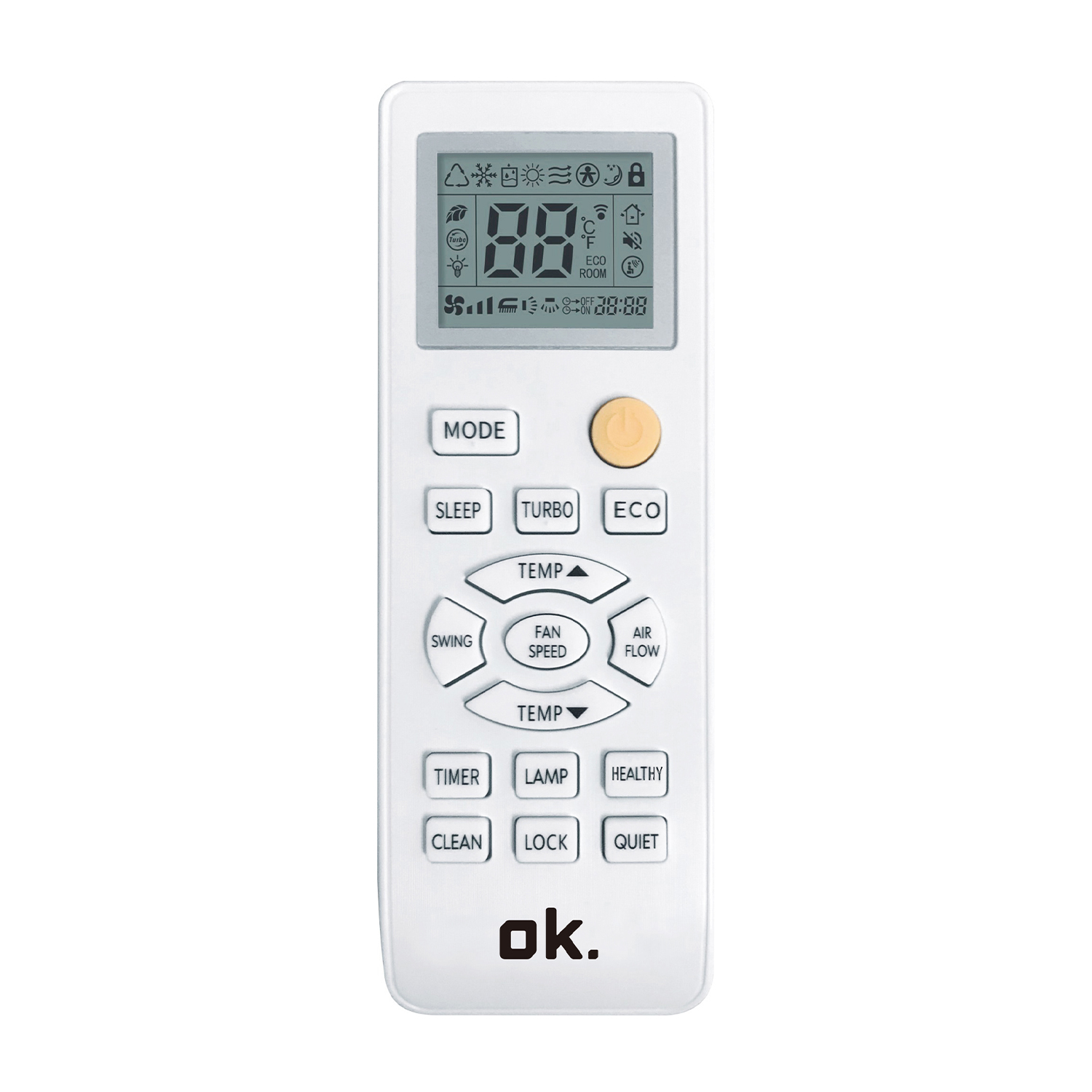 Telecomando bianco con pulsanti per varie funzioni e un display.