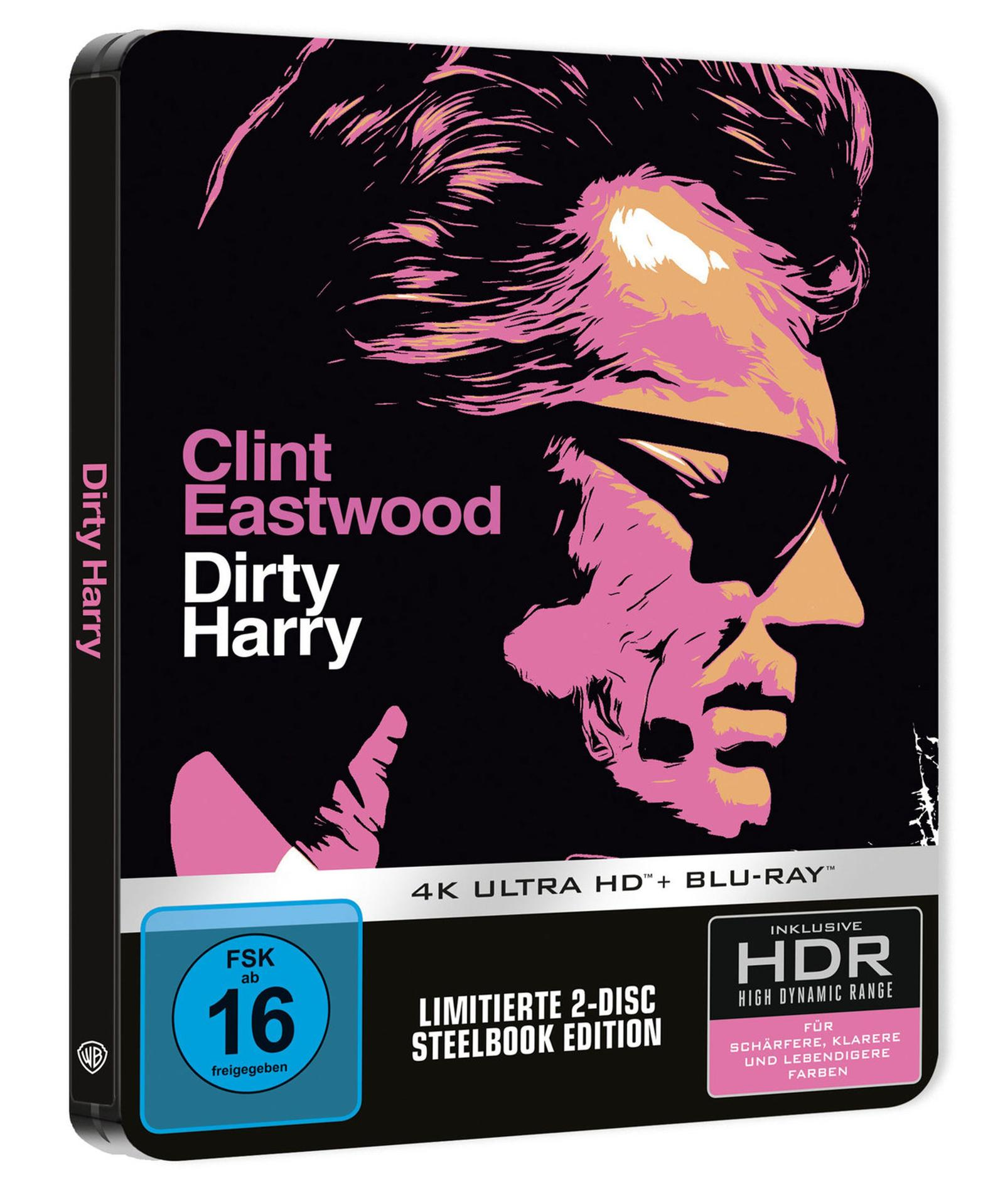 Dirty Harry Blu-ray-Cover. Clint Eastwoods Gesicht. Rosa- und Schwarz-Farbschema. FSK16-Bewertung.