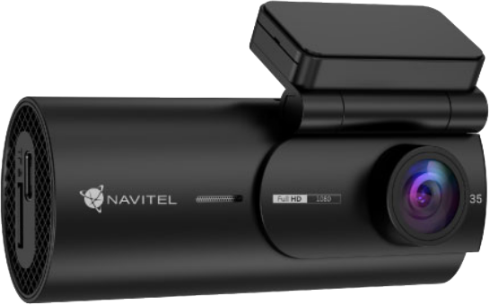 Fekete dashcam lencsével és képernyővel. Navitel logóval és 1080 felbontással.