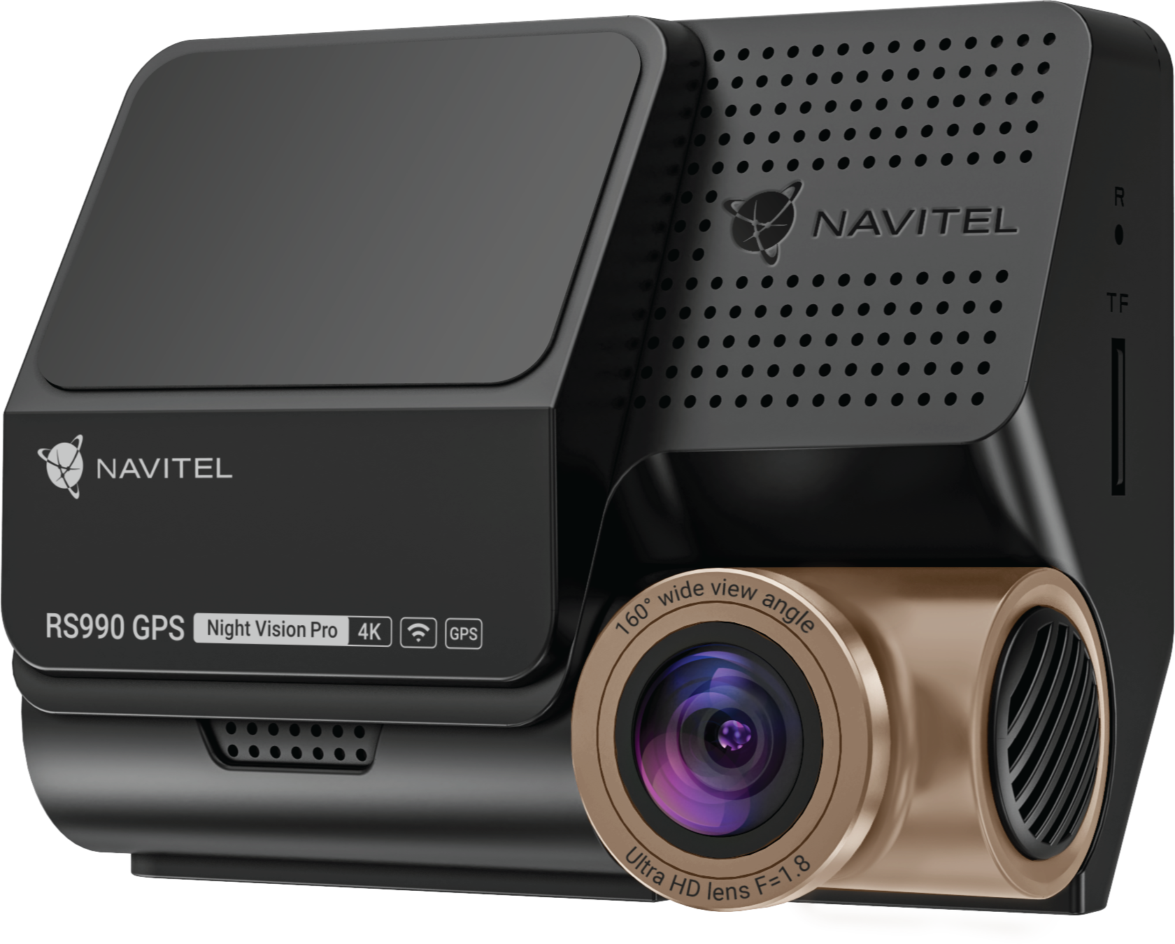 Fekete Navitel RS990 GPS dashcam. Kamerát és navigációs részleteket tartalmaz.
