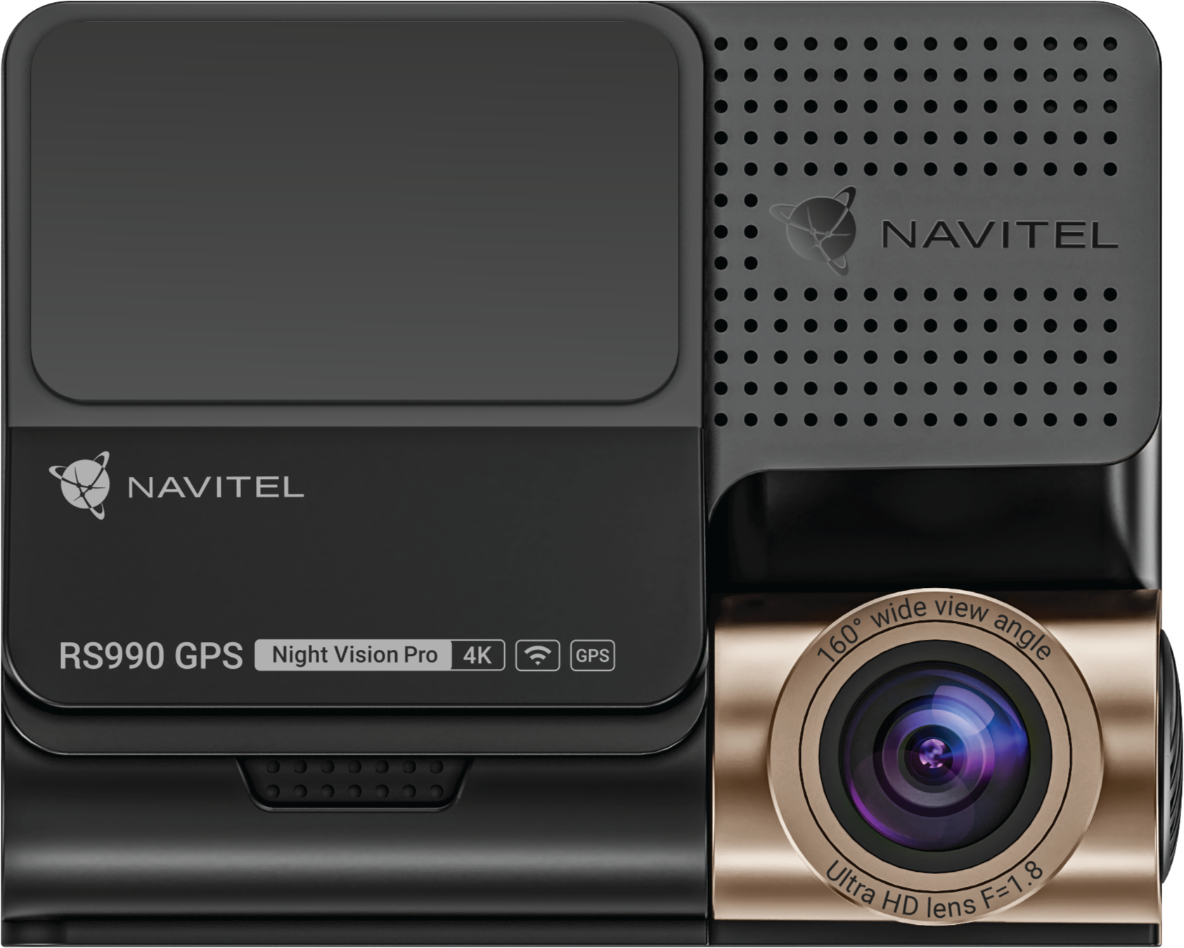 Fekete műszerfali kamera arany lencsével. NAVITEL márkajelzéssel. A szöveg: RS990 GPS, Night Vision Pro, 4K, GPS.