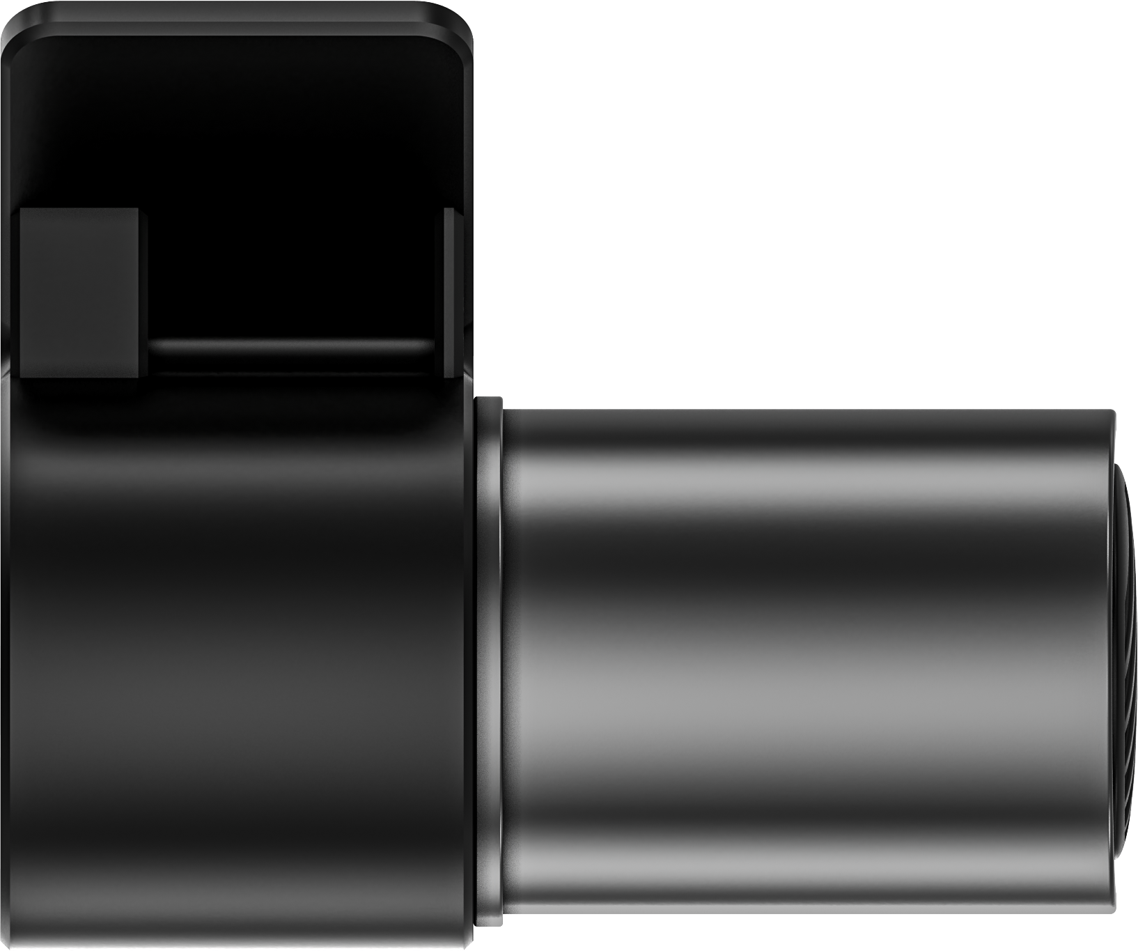 Fekete USB-C adapter, oldalról közelről, fekete háttér előtt.