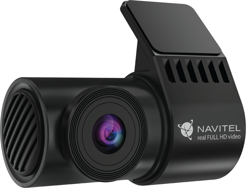 Fekete műszerfali kamera, objektívvel, képernyővel és NAVITEL real FULL HD video logóval.
