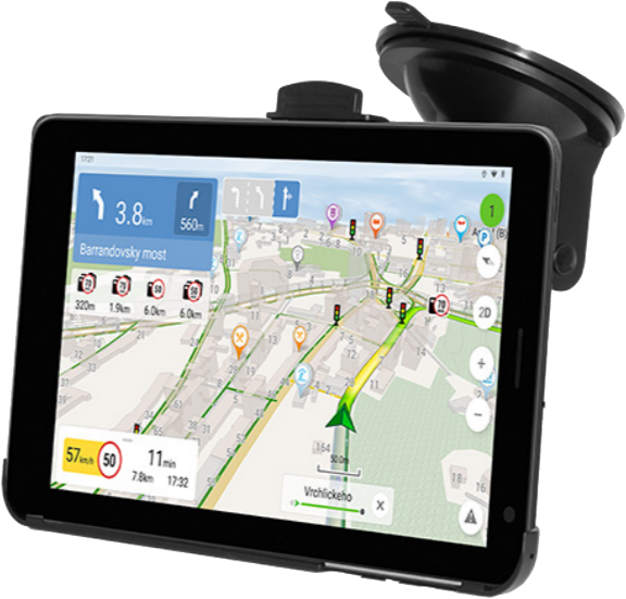 GPS-készülék egy autó ablakára szerelve, térképet mutat. Városkép a háttérben.