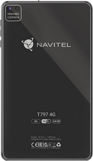 Egy fekete táblagép hátulja a Navitel logóval és specifikációkkal.