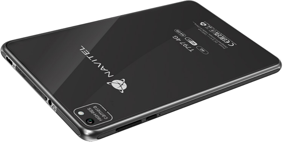 Fekete okostelefon fényes hátlappal. A Navitel logó látható a telefonon.