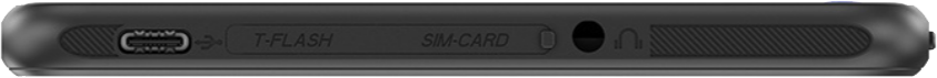 Egy sötétszürke készülék alsó nézete, T-FLASH, SIM CARD feliratú portokkal és egy fejhallgató-csatlakozóval.