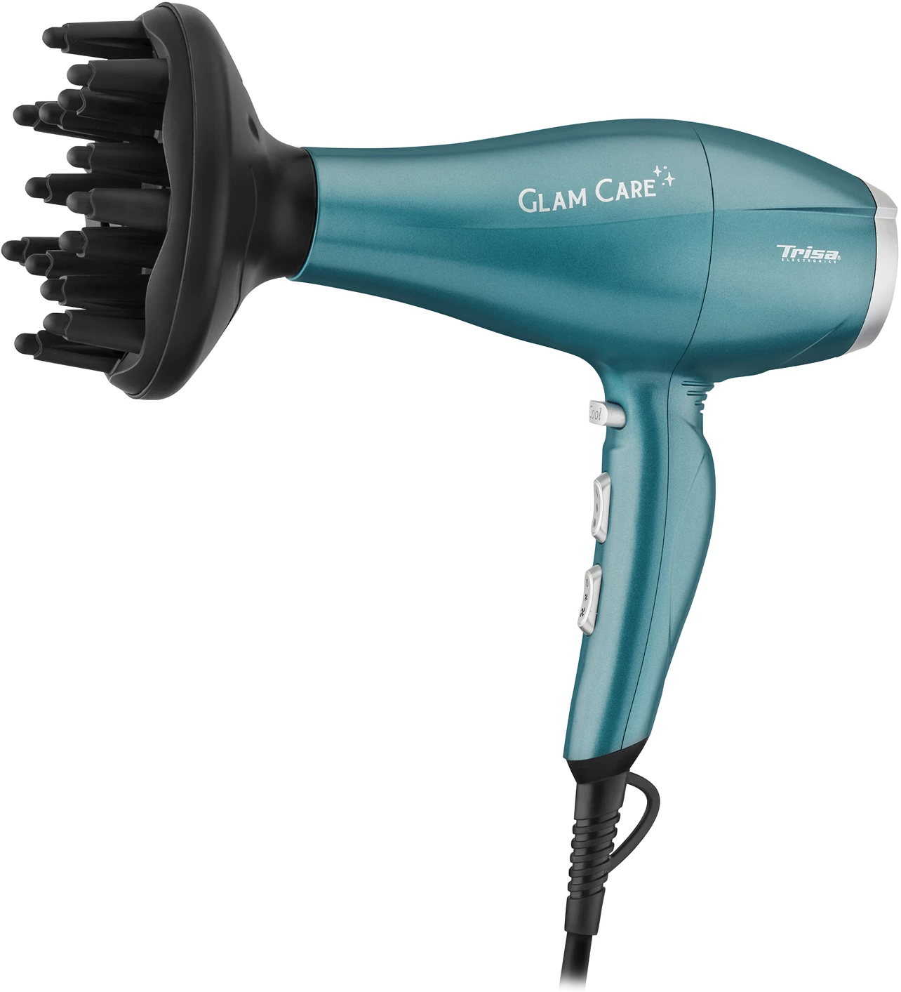 Türkisfarbener Haartrockner mit Diffusoraufsatz. Die Marke ist Glam Care+ und Trisa.