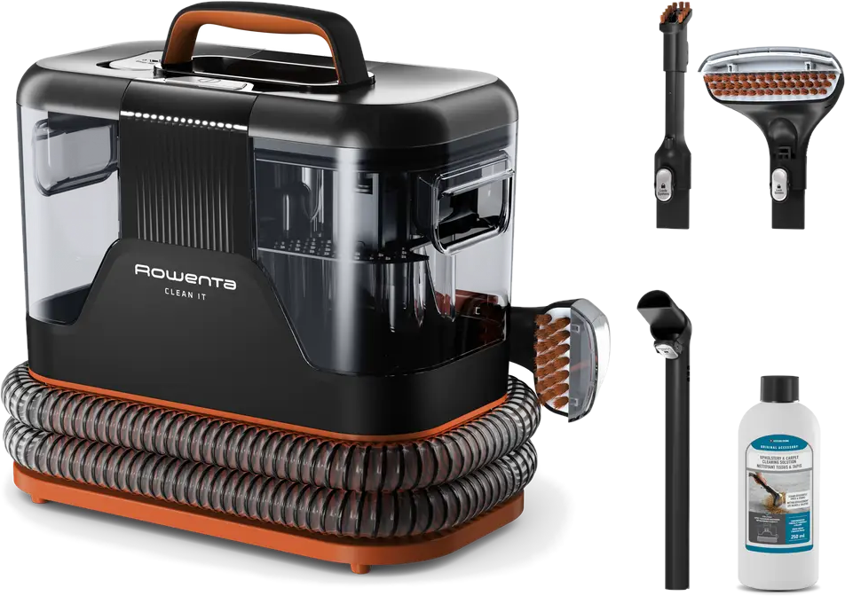 Nettoyeur de tapis noir et orange avec accessoires et solution de nettoyage.