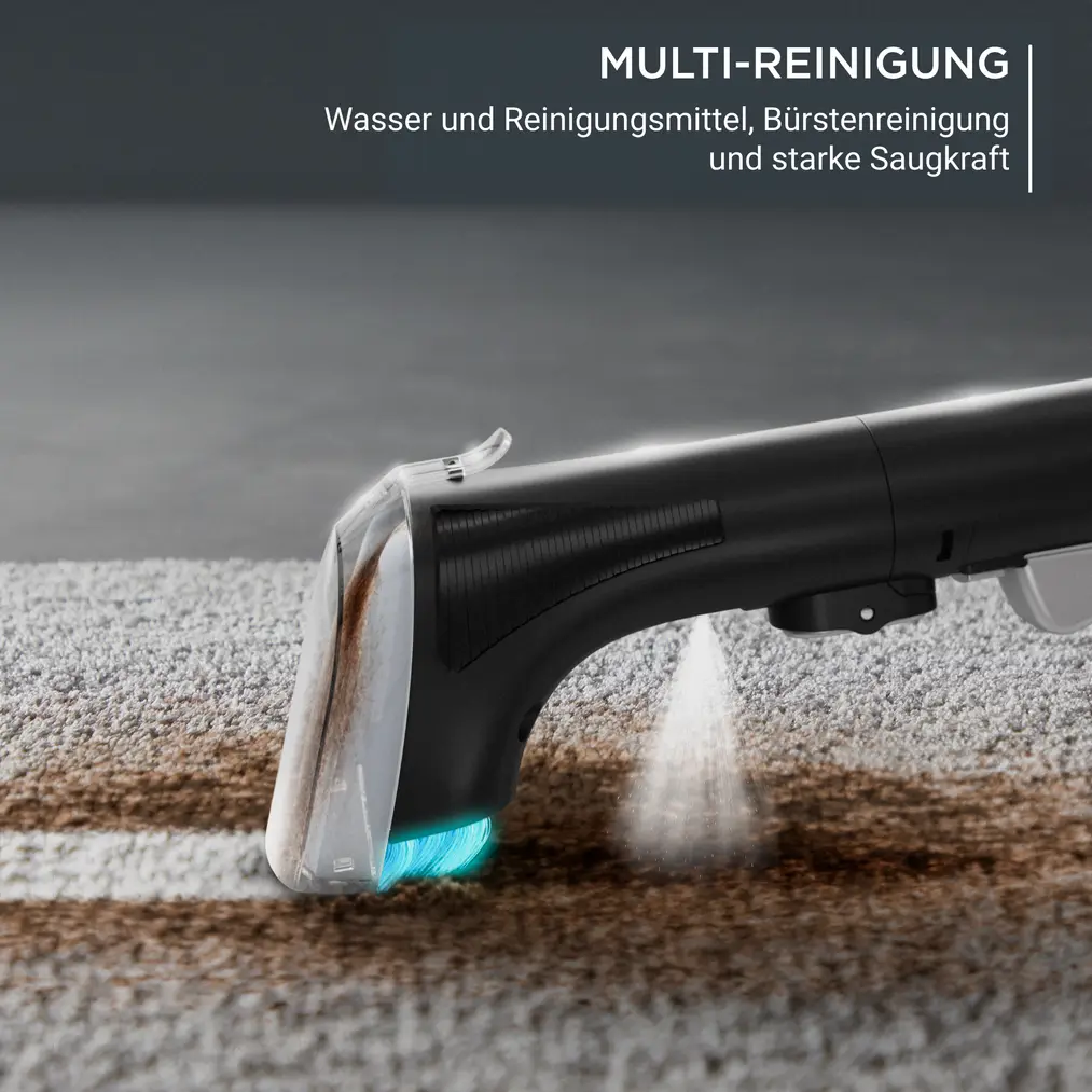 Tête d'aspirateur nettoyant un tapis taché de marron, pulvérisant de l'eau.