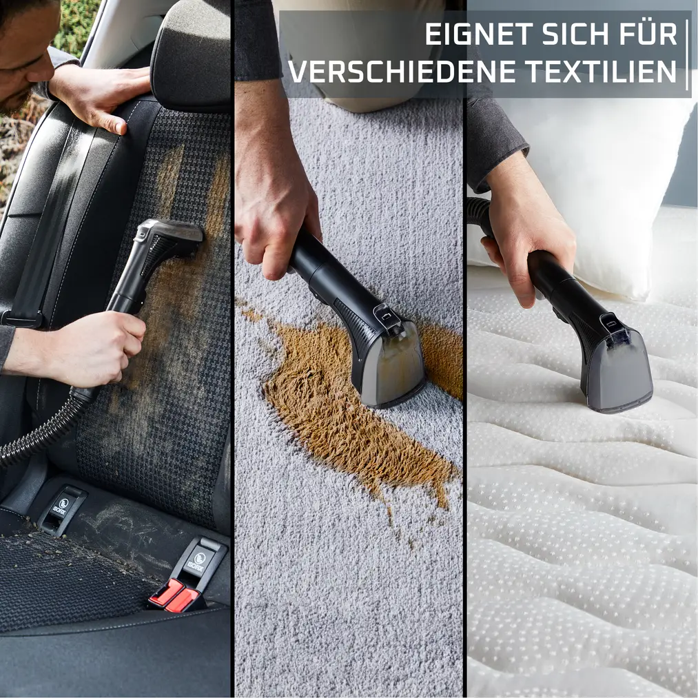 Photos de nettoyage d'un siège de voiture, d'un tapis et d'un matelas.