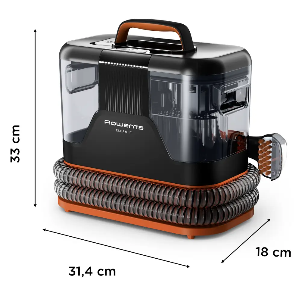 Nettoyeur de tapis Rowenta Clean It noir et orange avec poignée et dimensions.