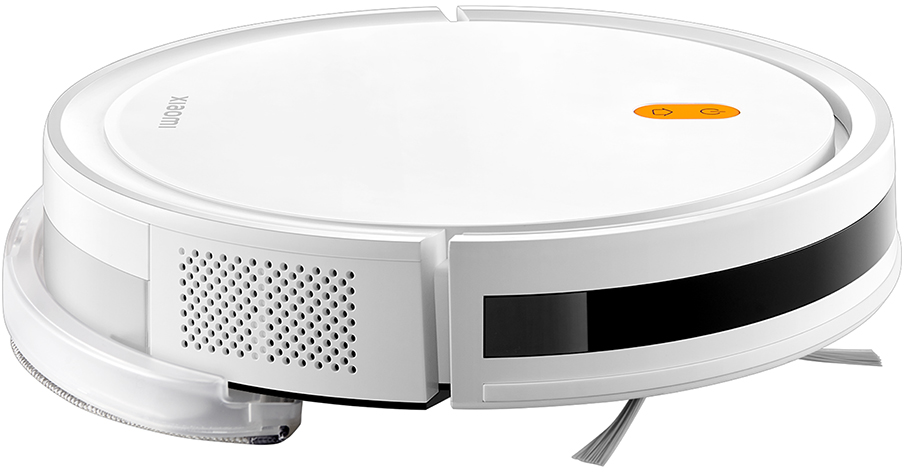 Aspirapolvere robotico rotondo bianco con pulsante arancione e spazzole. Sfondo bianco.