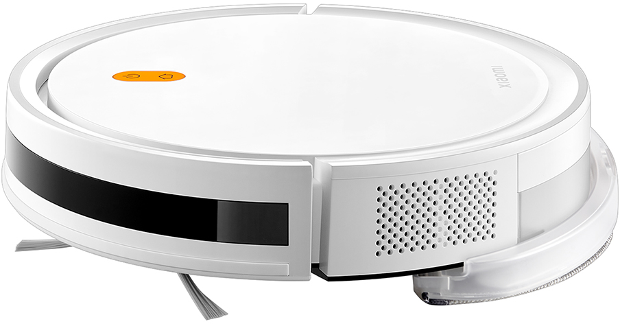 Un aspirapolvere robot bianco dal design arrotondato. Ha una porta di ricarica e una piccola spazzola.