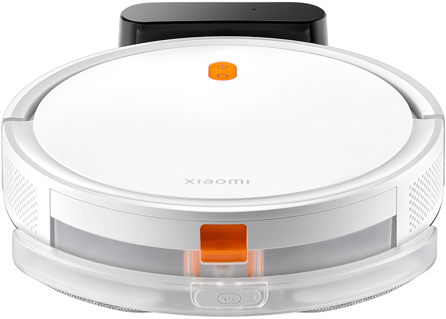 Aspirapolvere robot bianco e arancione, vista dall'alto. Presenta un design circolare con un pulsante centrale.