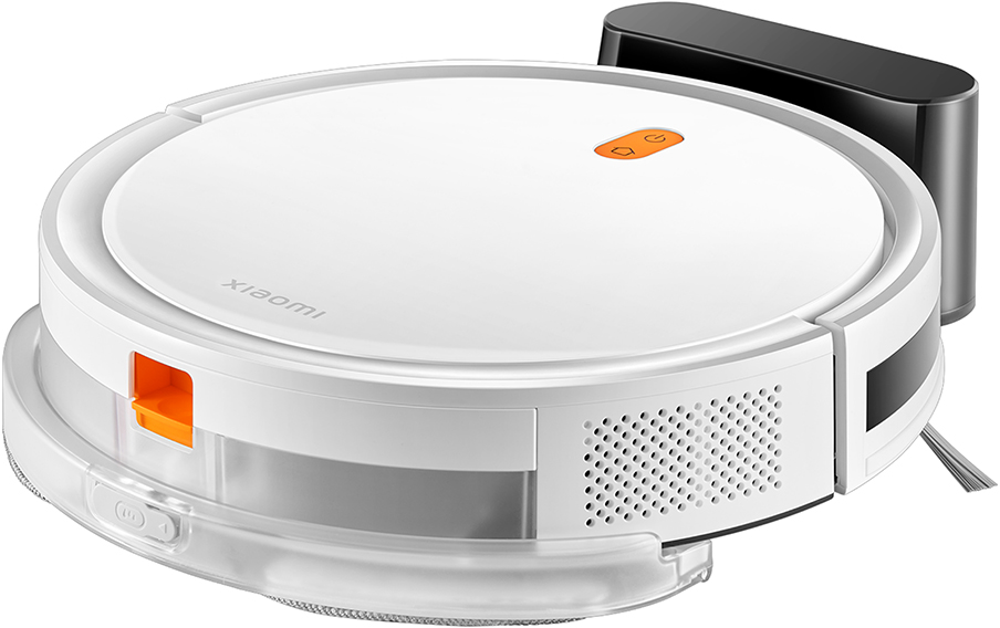 Un aspirapolvere robot Xiaomi bianco con una stazione di ricarica. C'è un pulsante arancione.