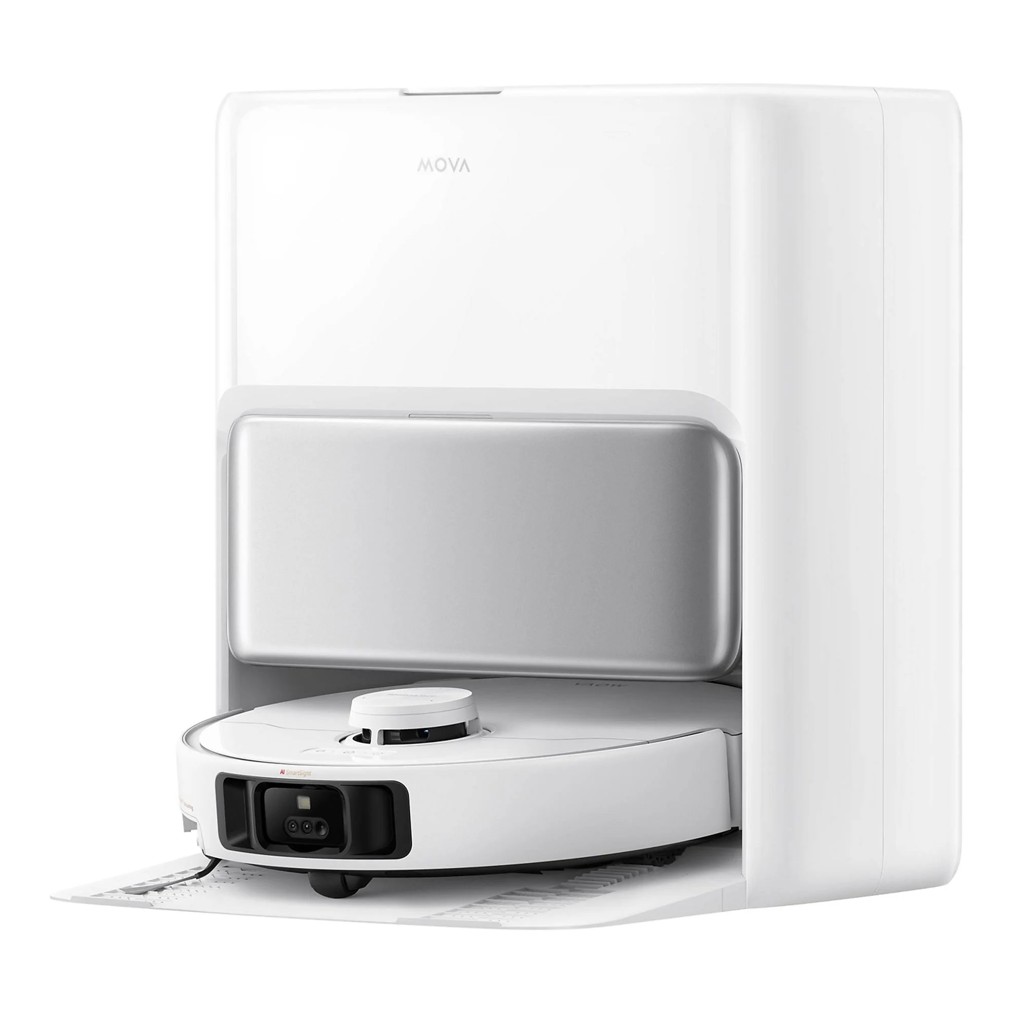 Aspirateur robot MOVA blanc. Il possède une station de charge et une base blanche avec une caméra noire.