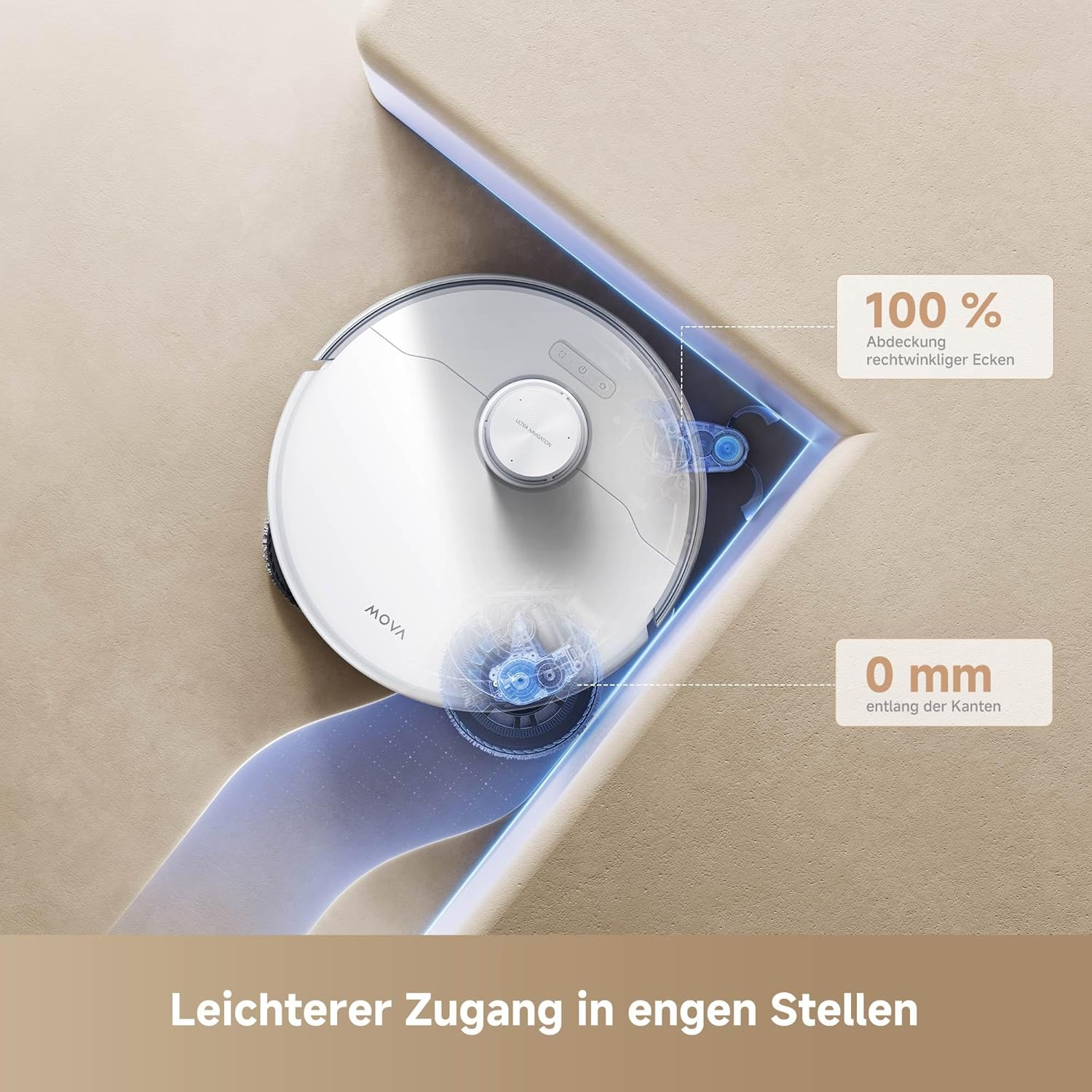 Aspirateur robot nettoyant un coin.