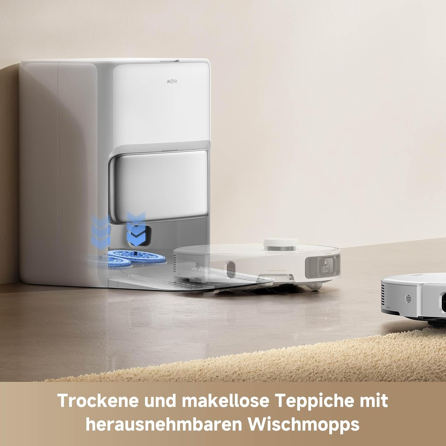Aspirateur robot blanc et gris et station de nettoyage sur tapis beige.