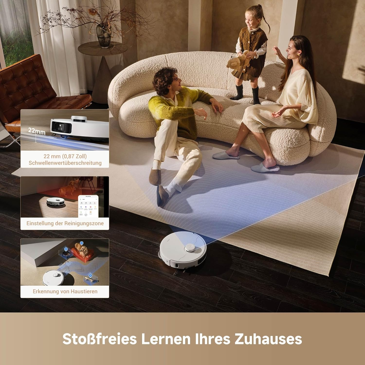 Une famille dans un salon avec un aspirateur robot. Le robot nettoie le sol.