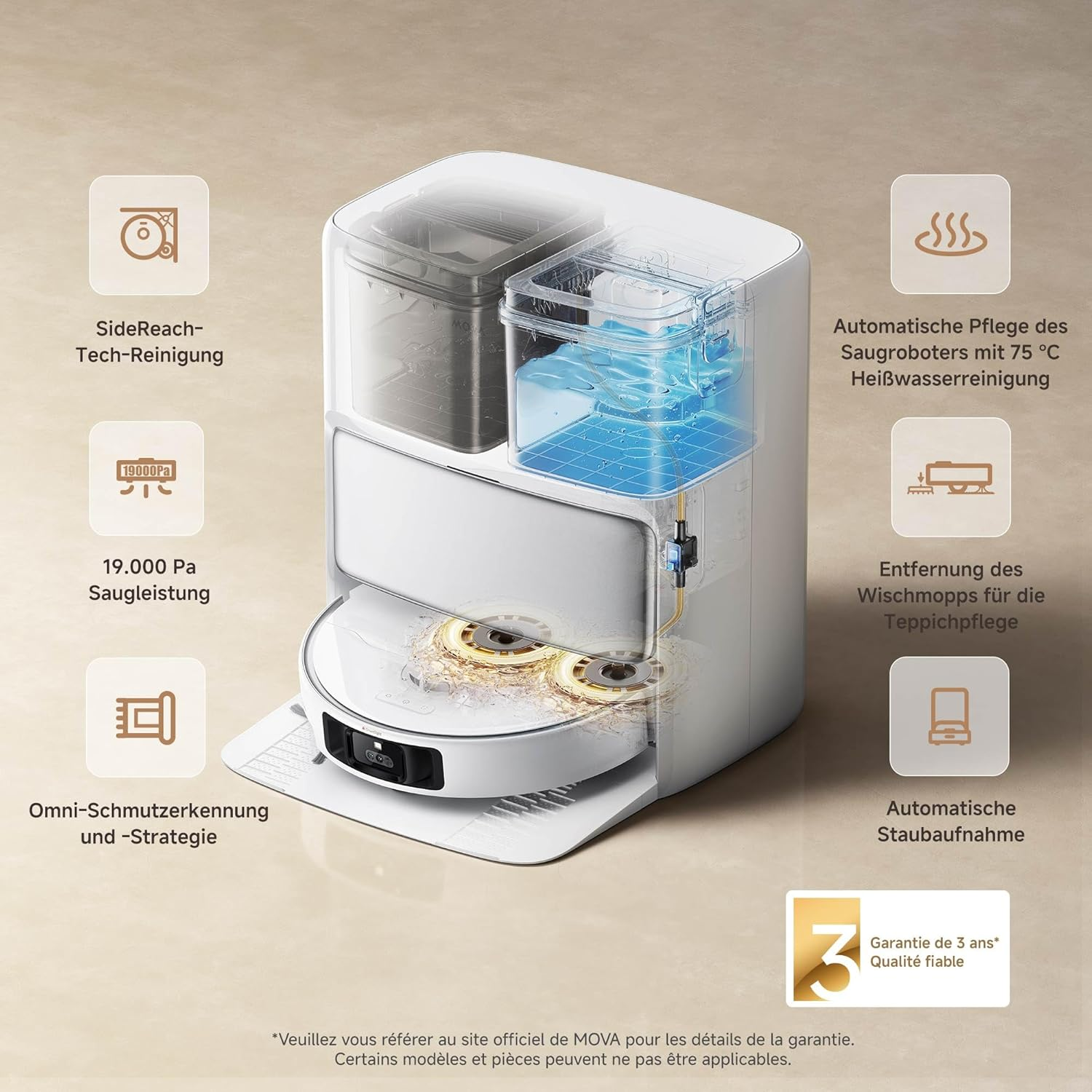 Robot aspirateur blanc avec réservoirs d'eau. Étiquettes de texte décrivent les fonctions.